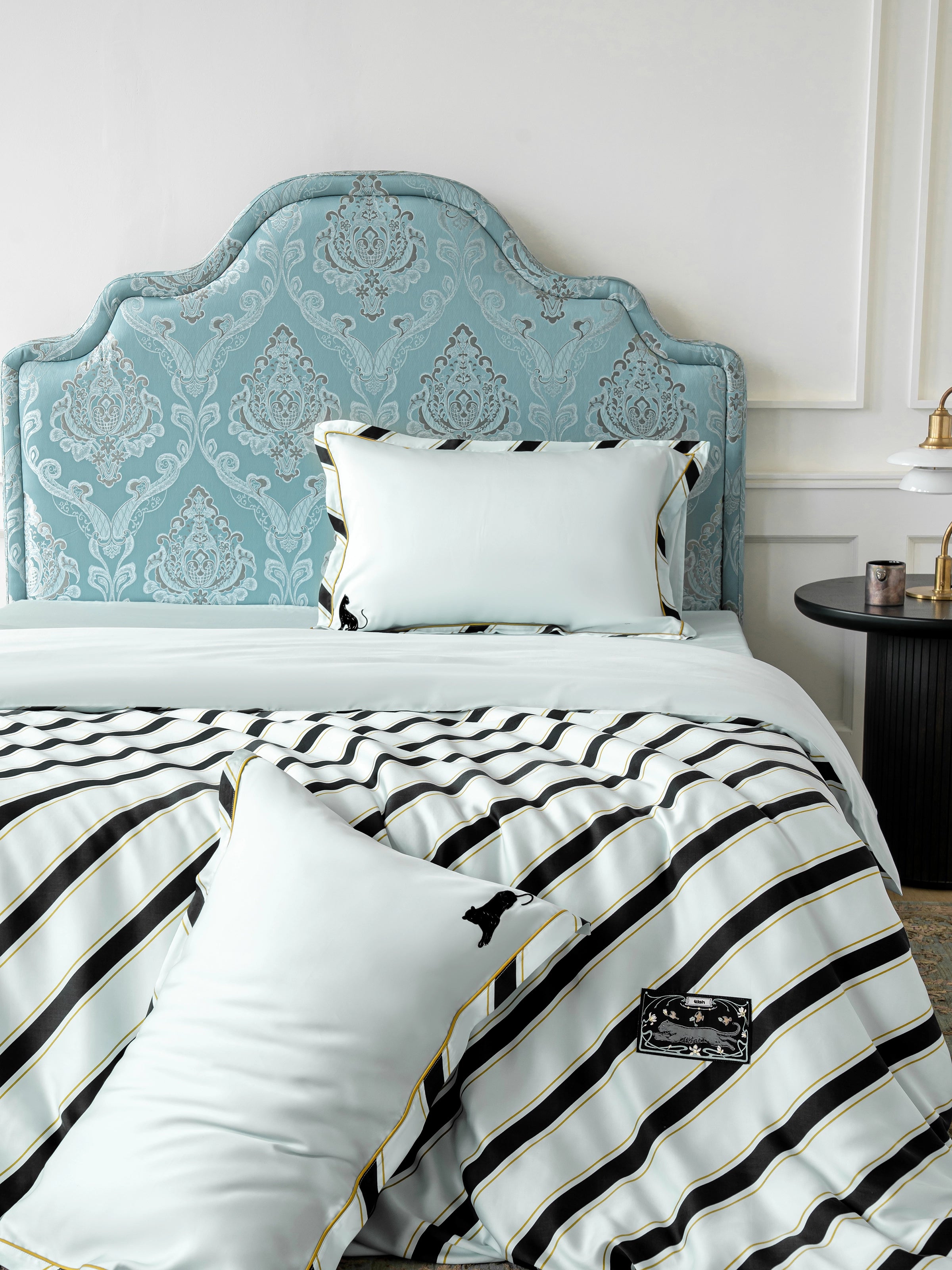 "Urban Jungle" Black Panther Tencel Printed Bedding Set – Blue & Black Stripes