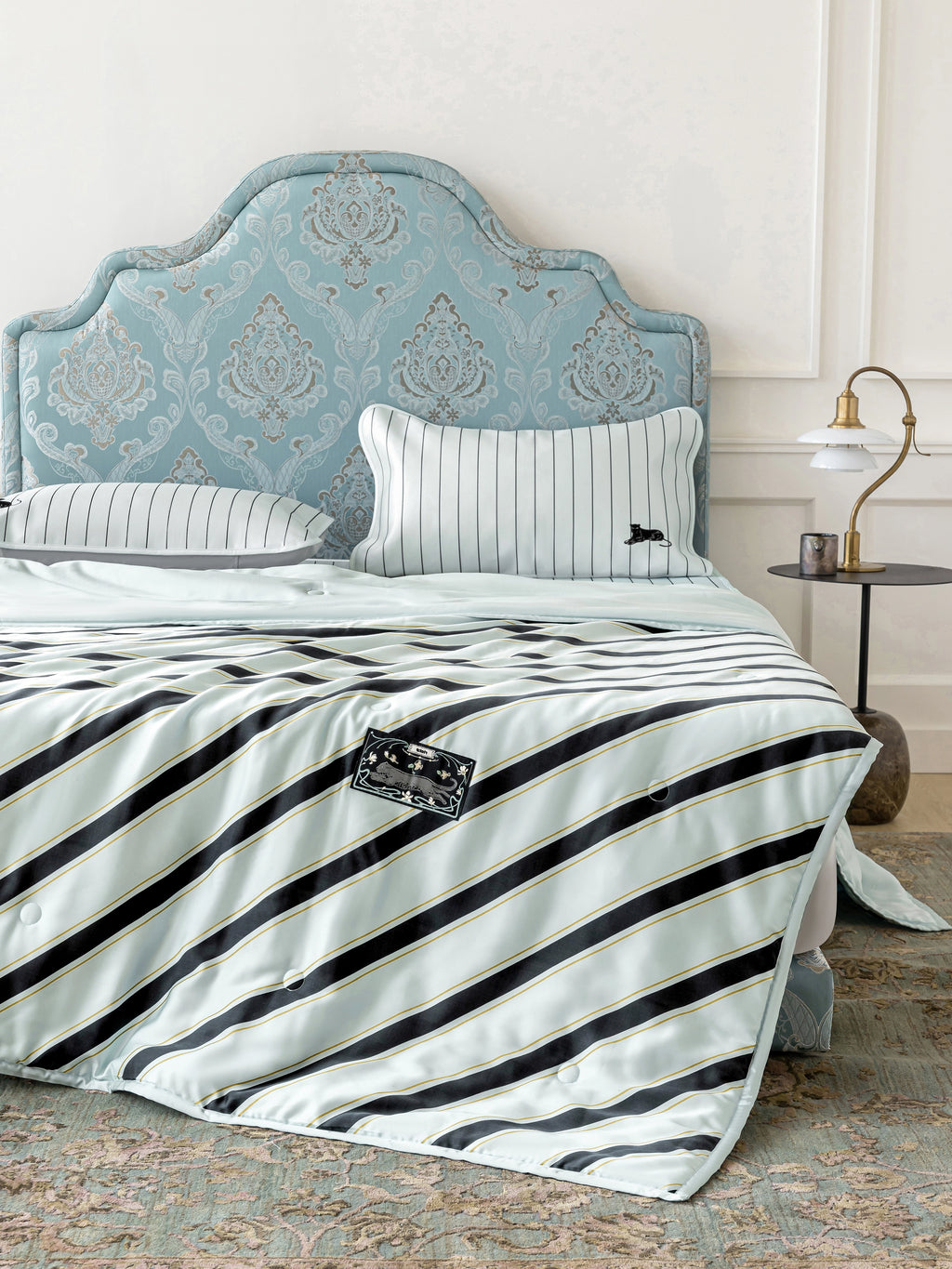 "Urban Jungle" Black Panther Tencel Printed Summer Quilt – Blue & Black Stripes
