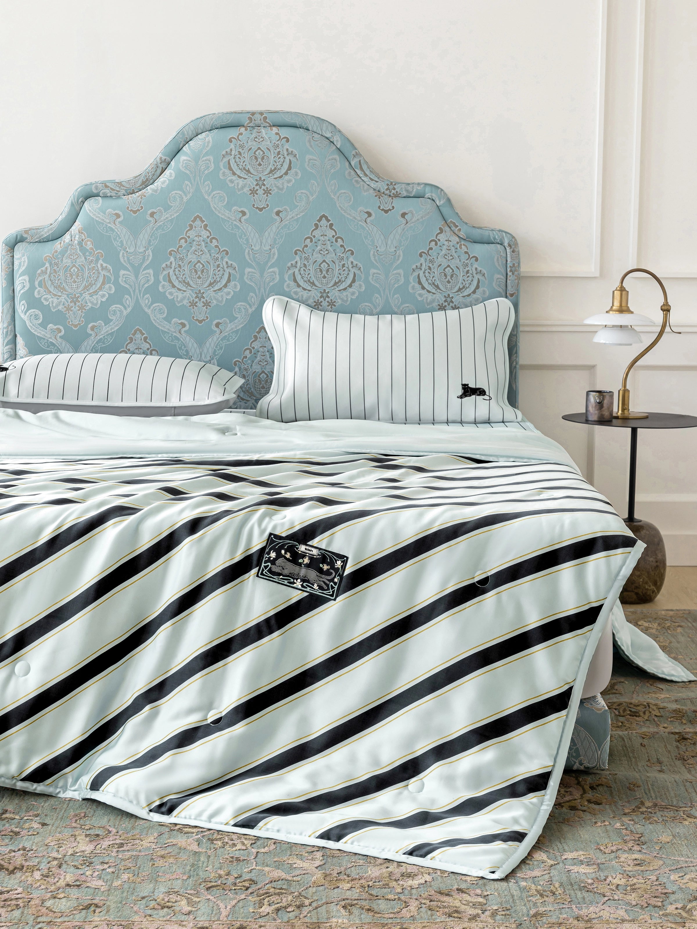 "Urban Jungle" Black Panther Tencel Printed Summer Quilt – Blue & Black Stripes