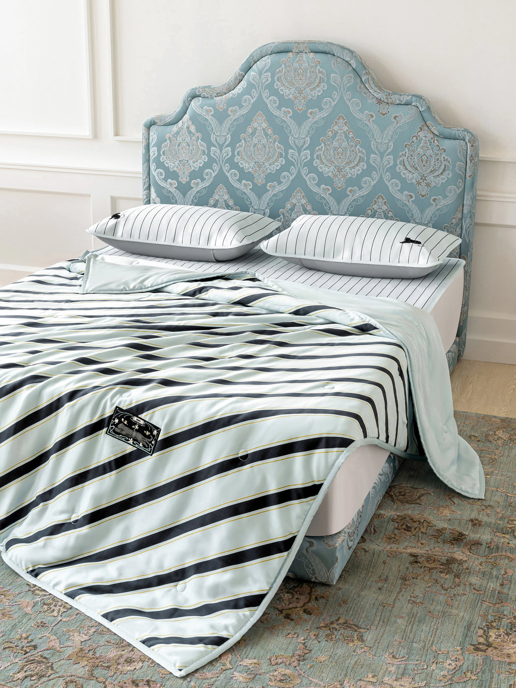 "Urban Jungle" Black Panther Tencel Printed Summer Quilt – Blue & Black Stripes