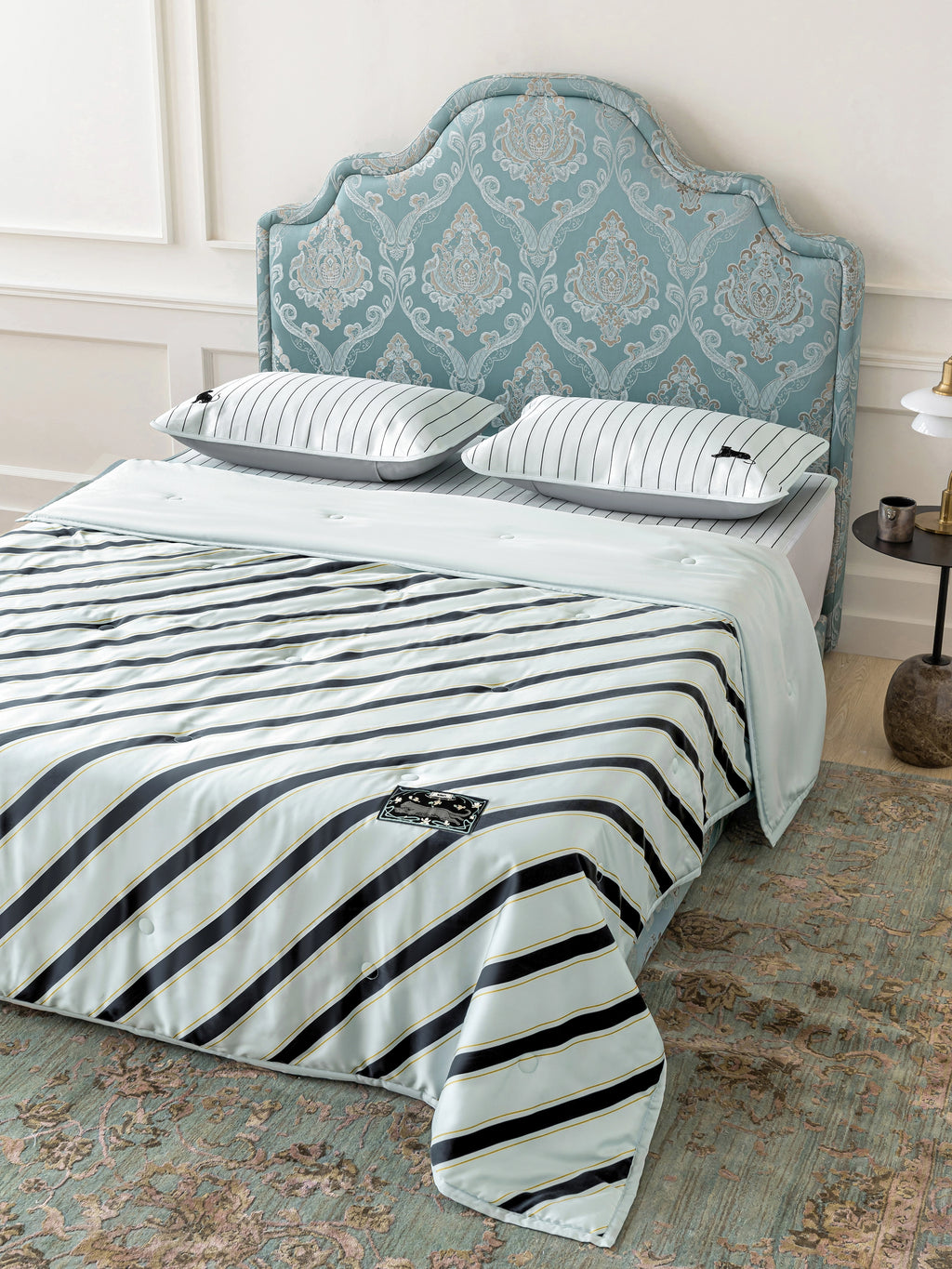 "Urban Jungle" Black Panther Tencel Printed Summer Quilt – Blue & Black Stripes