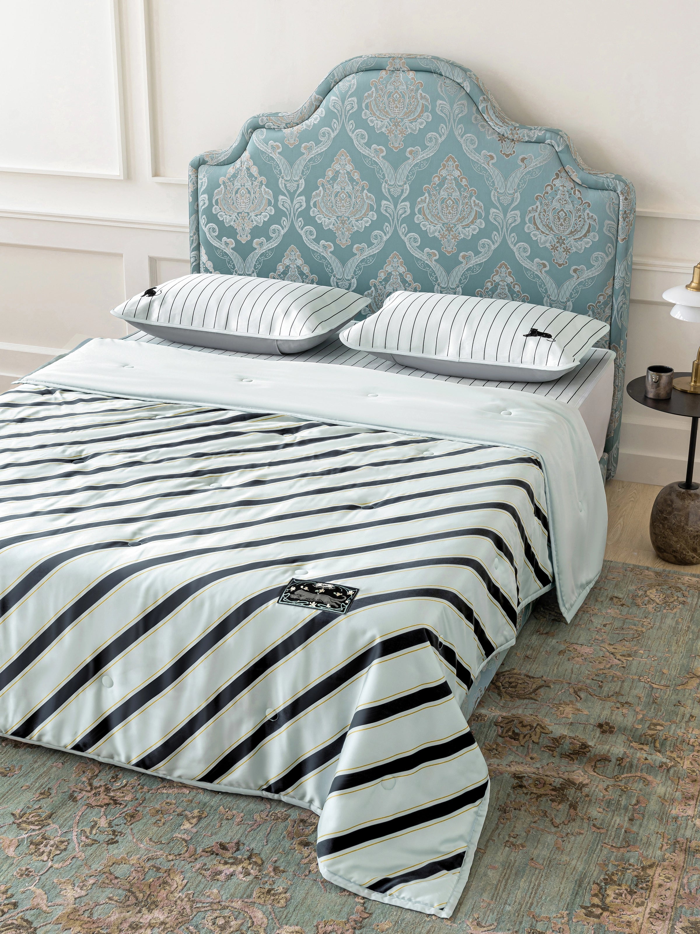 "Urban Jungle" Black Panther Tencel Printed Summer Quilt – Blue & Black Stripes