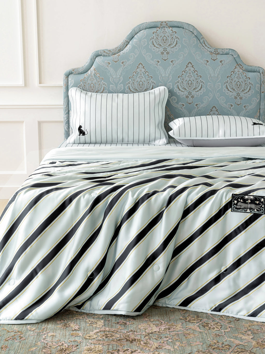 "Urban Jungle" Black Panther Tencel Printed Summer Quilt – Blue & Black Stripes