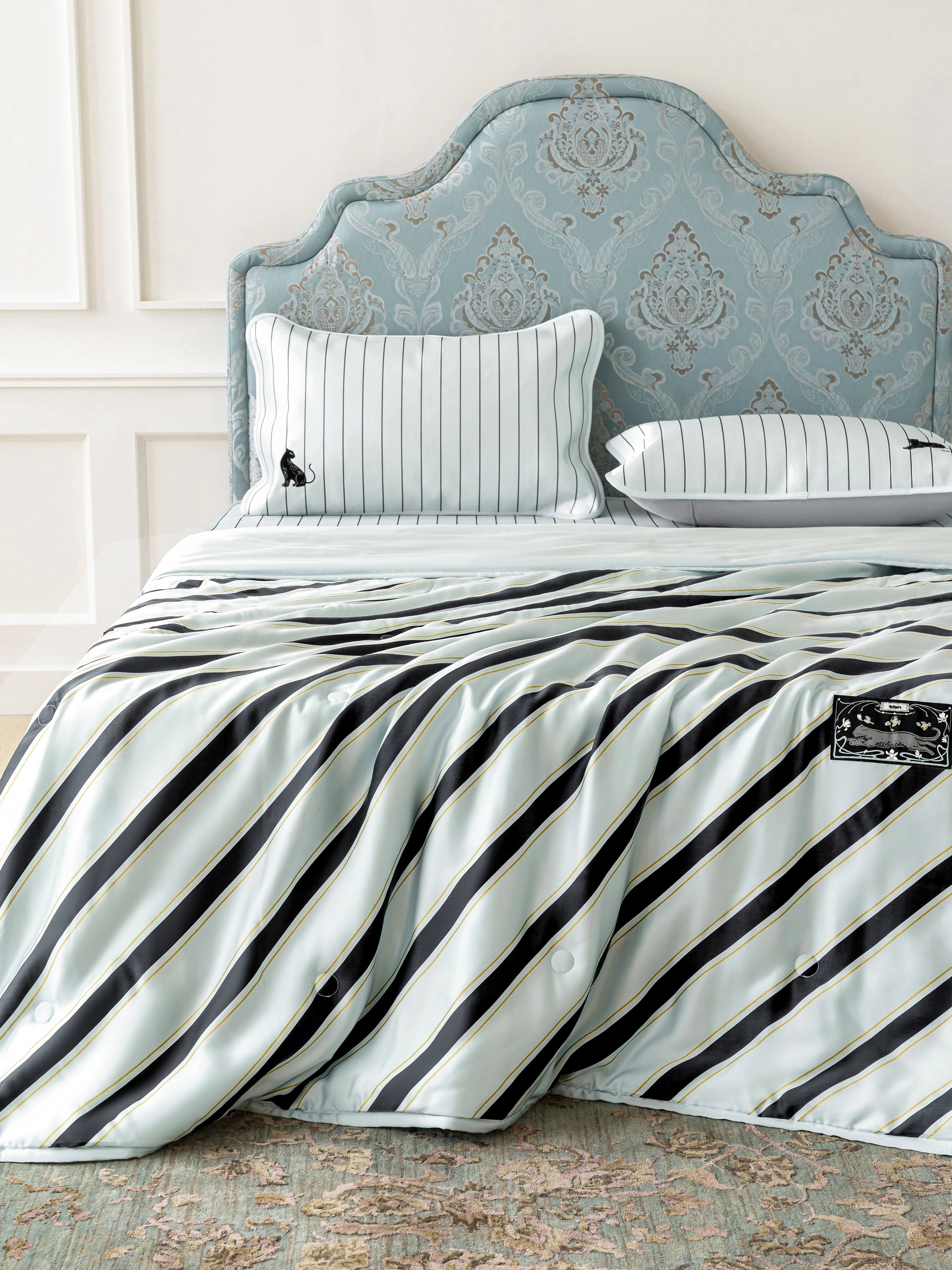 "Urban Jungle" Black Panther Tencel Printed Summer Quilt – Blue & Black Stripes