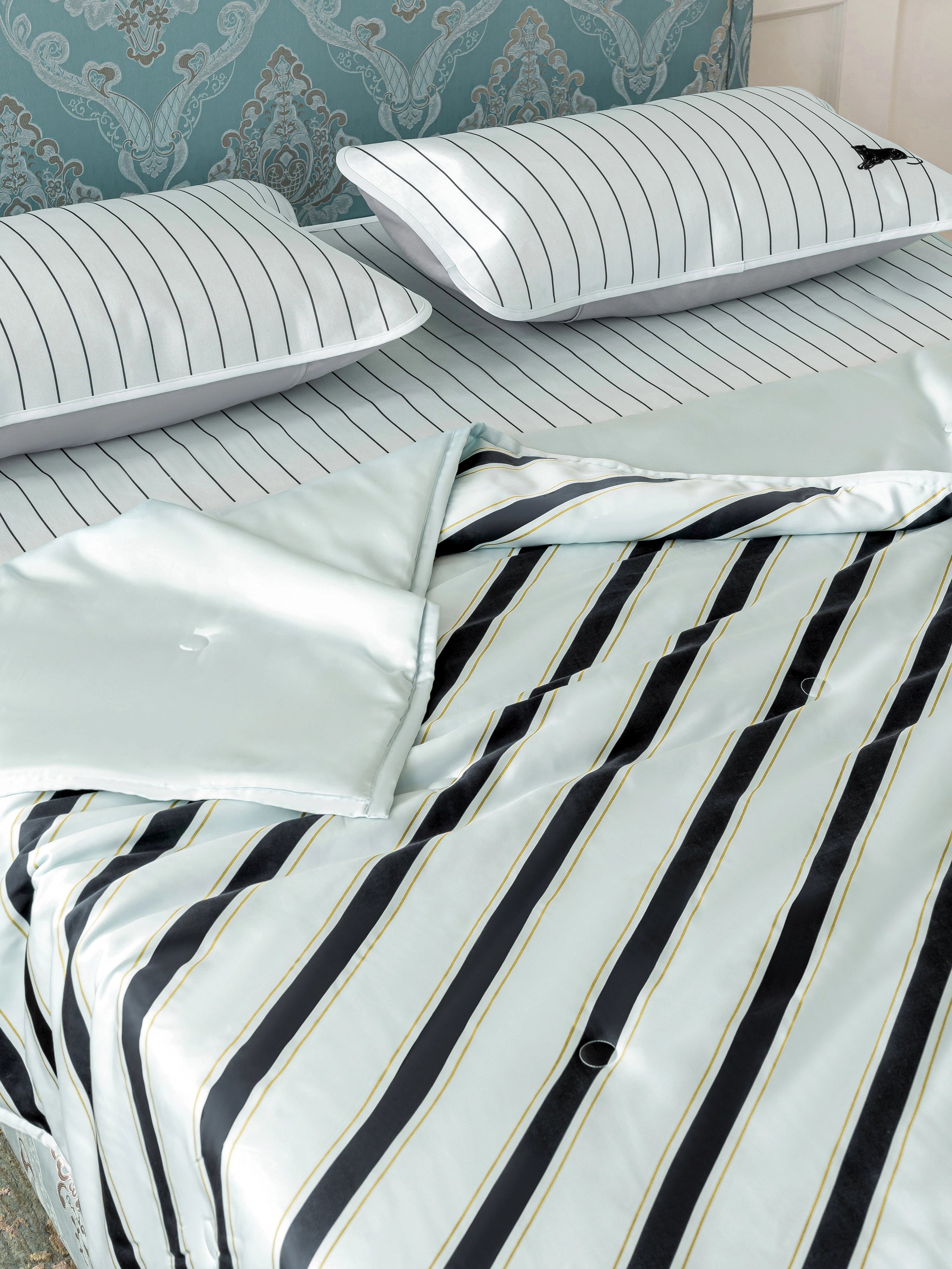 "Urban Jungle" Black Panther Tencel Printed Summer Quilt – Blue & Black Stripes