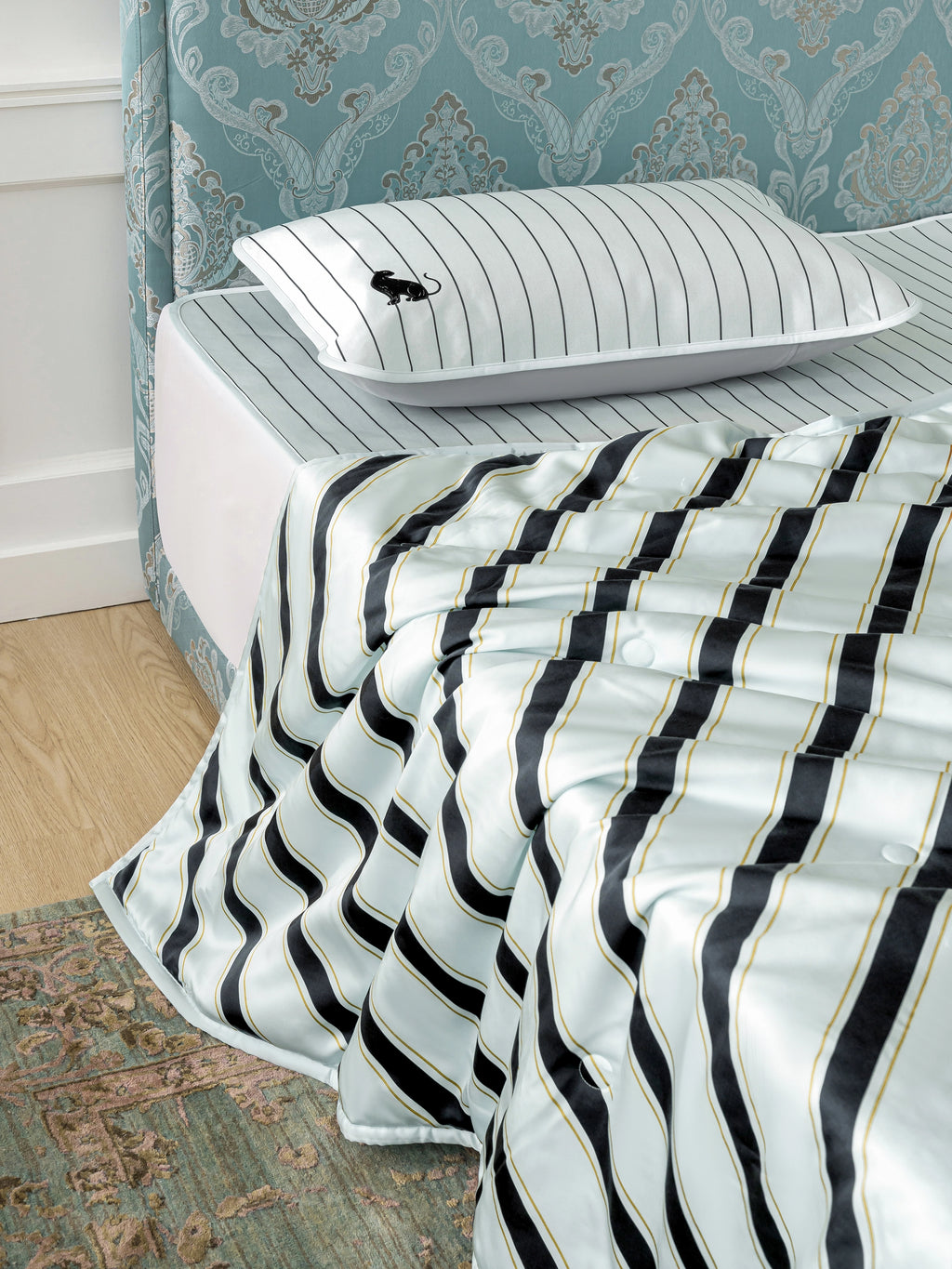 "Urban Jungle" Black Panther Tencel Printed Summer Quilt – Blue & Black Stripes