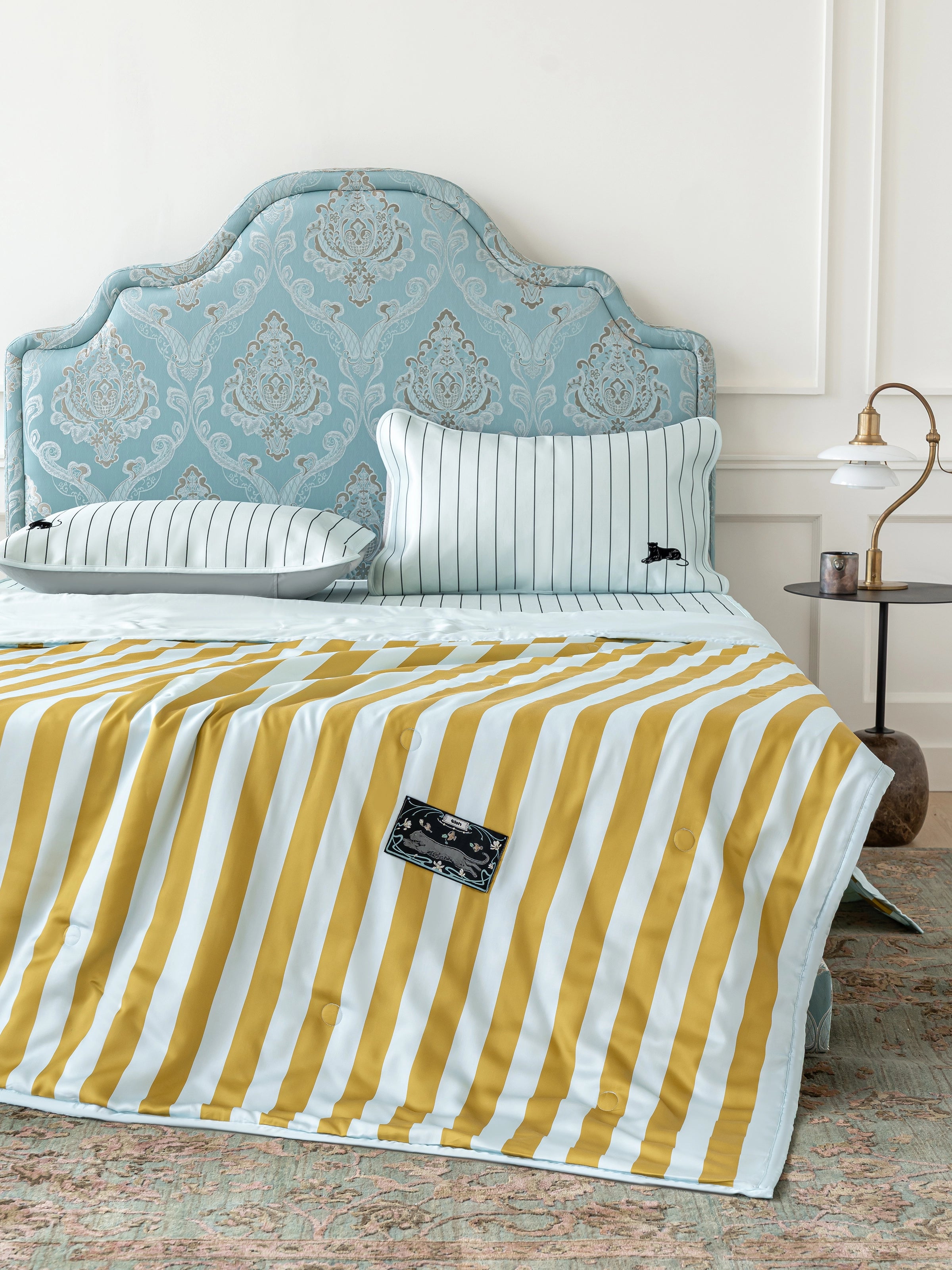 "Urban Jungle" Black Panther Tencel Printed Summer Quilt – Blue & Green Stripes