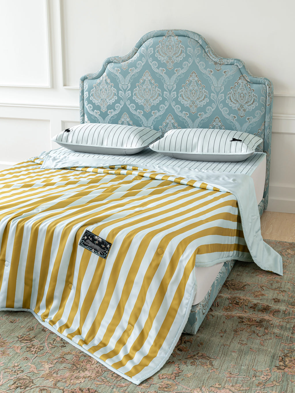 "Urban Jungle" Black Panther Tencel Printed Summer Quilt – Blue & Green Stripes