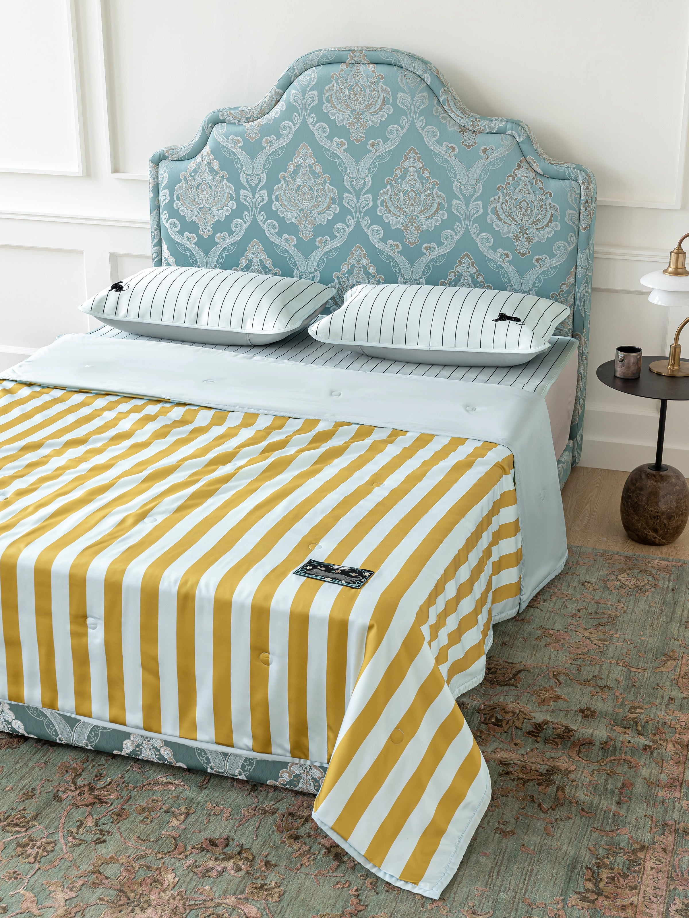 "Urban Jungle" Black Panther Tencel Printed Summer Quilt – Blue & Green Stripes
