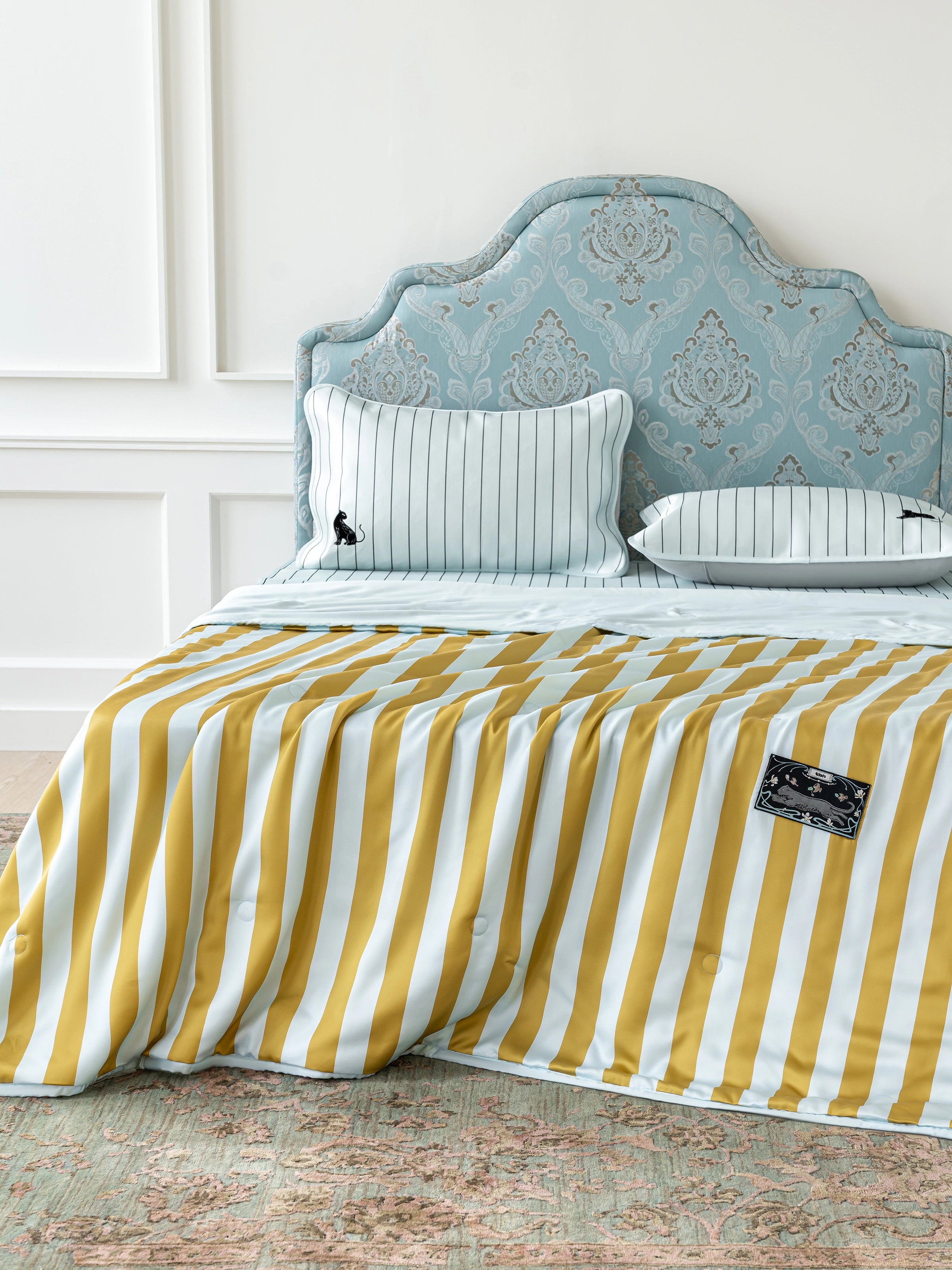 "Urban Jungle" Black Panther Tencel Printed Summer Quilt – Blue & Green Stripes
