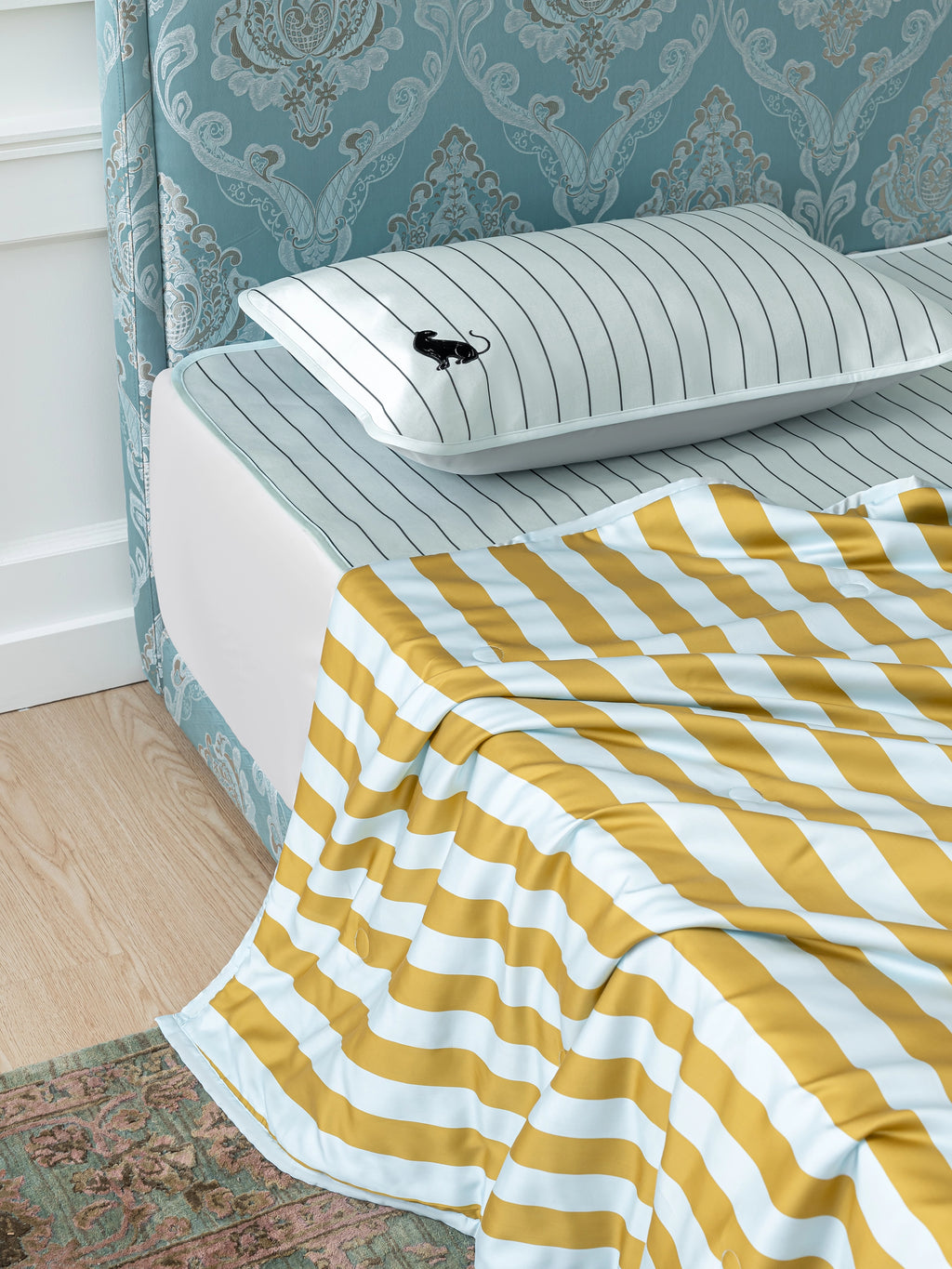 "Urban Jungle" Black Panther Tencel Printed Summer Quilt – Blue & Green Stripes