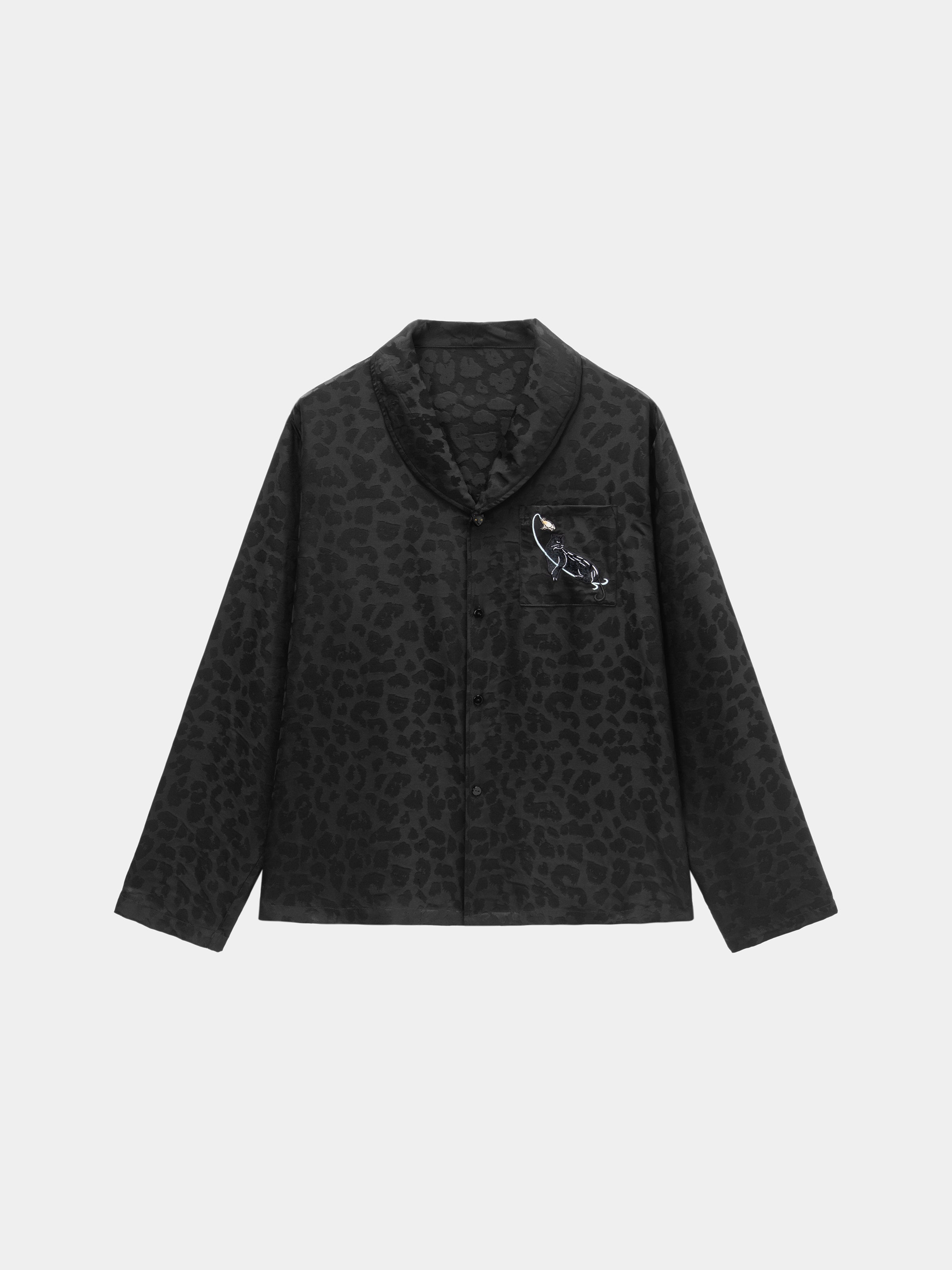"Urban Jungle" Black Panther 19 Momme Machine-Washable Silk Jacquard Loungewear Set Long Sleeve – Black Leopard