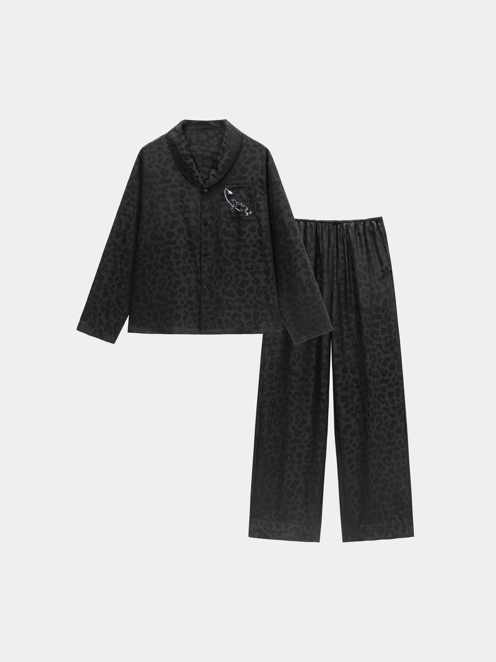 "Urban Jungle" Black Panther 19 Momme Machine-Washable Silk Jacquard Loungewear Set Long Sleeve – Black Leopard