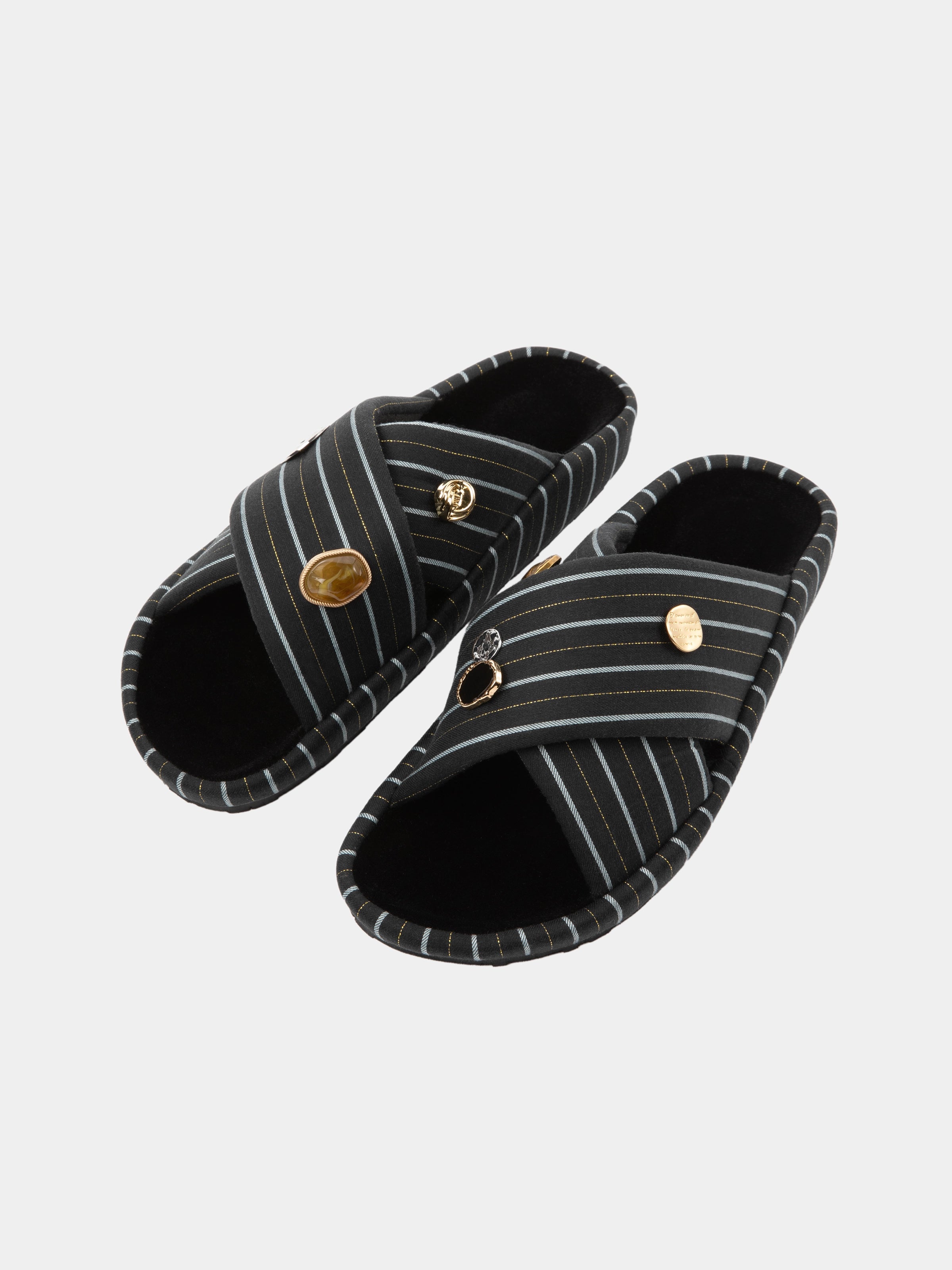 "Urban Jungle" Black Panther Cross-Strap Slippers – Dark Gold Stripes