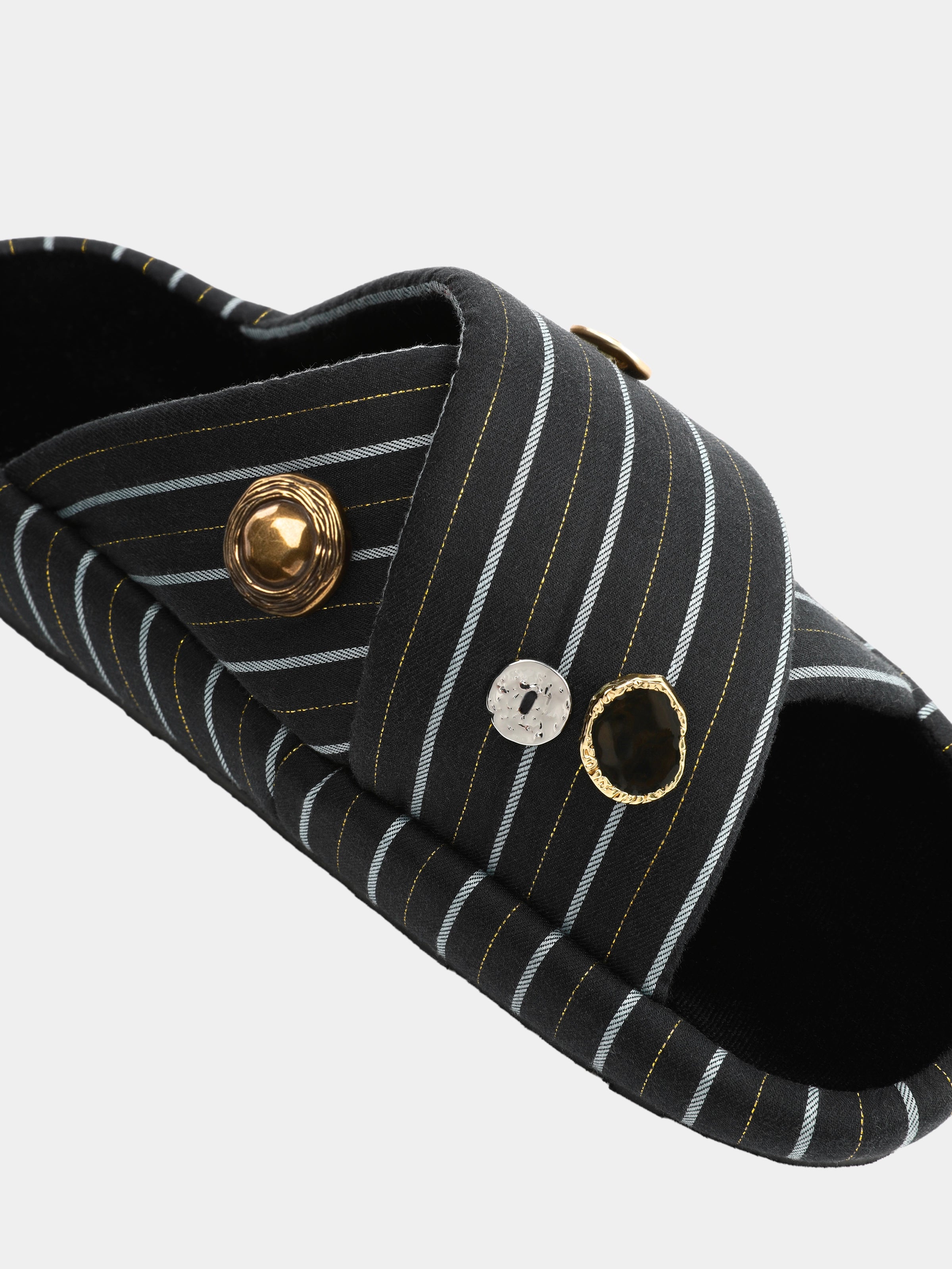 "Urban Jungle" Black Panther Cross-Strap Slippers – Dark Gold Stripes
