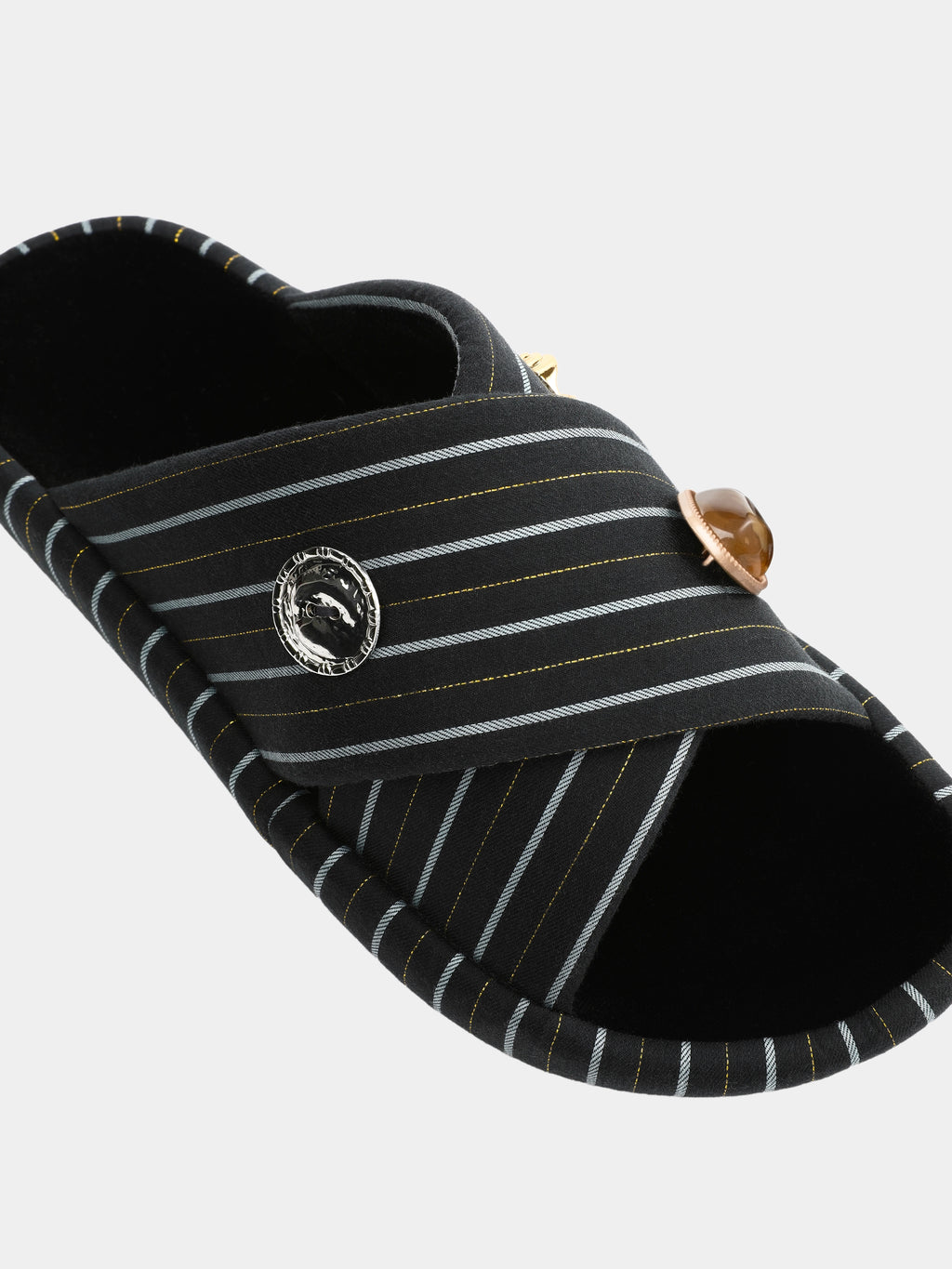 "Urban Jungle" Black Panther Cross-Strap Slippers – Dark Gold Stripes