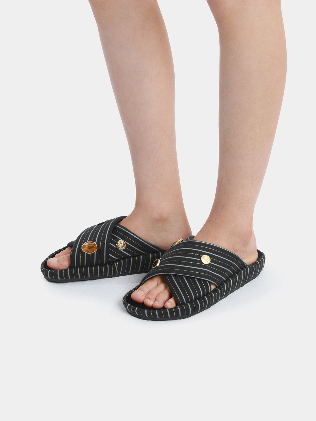 "Urban Jungle" Black Panther Cross-Strap Slippers – Dark Gold Stripes
