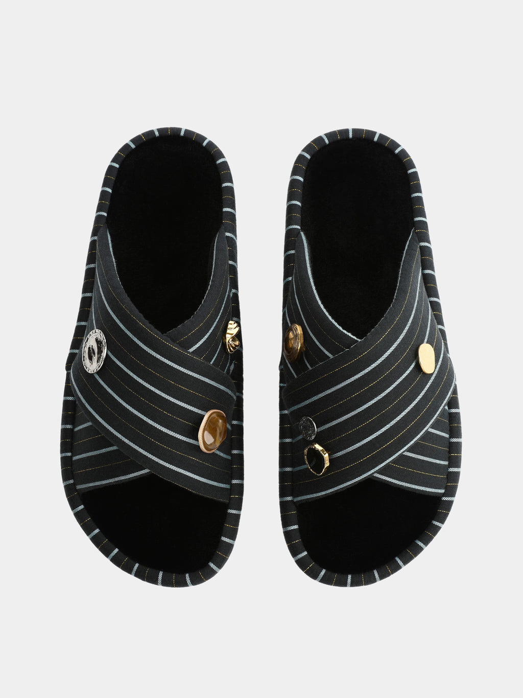 "Urban Jungle" Black Panther Cross-Strap Slippers – Dark Gold Stripes
