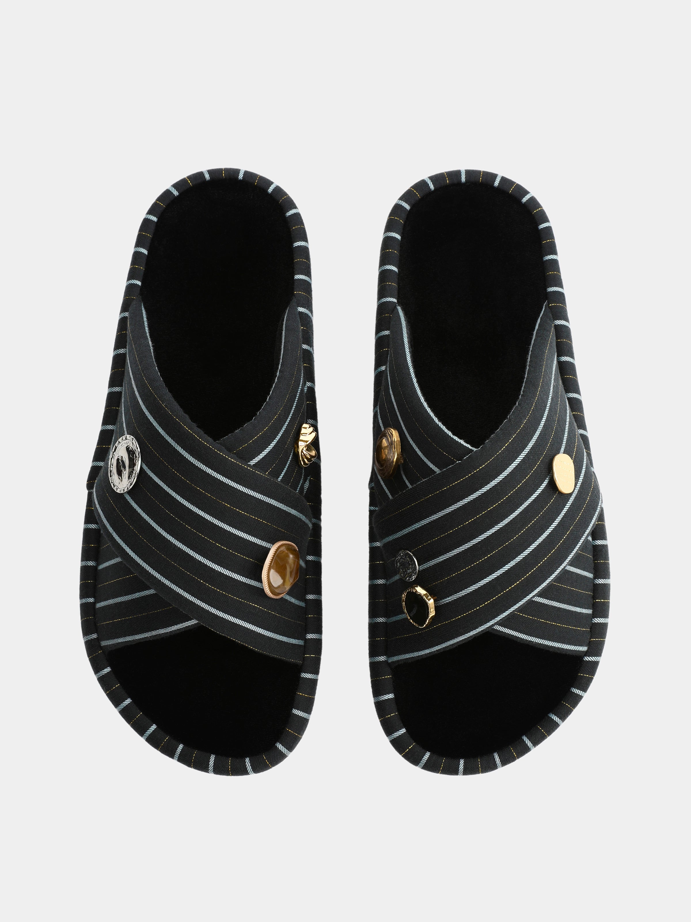 "Urban Jungle" Black Panther Cross-Strap Slippers – Dark Gold Stripes