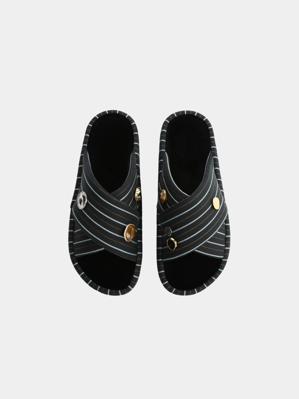 "Urban Jungle" Black Panther Cross-Strap Slippers – Dark Gold Stripes