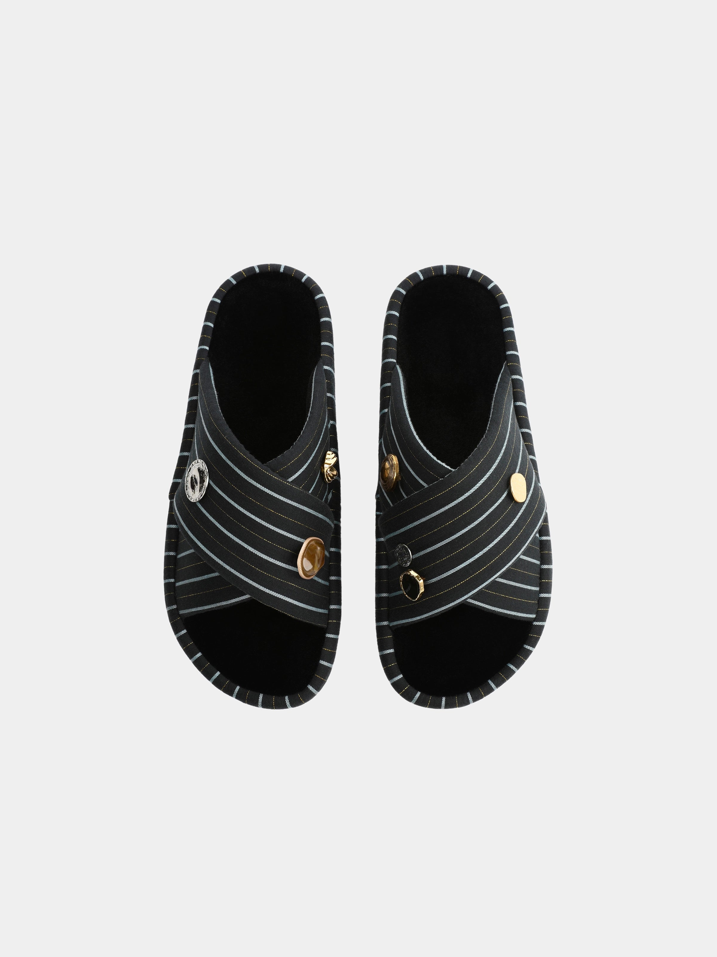 "Urban Jungle" Black Panther Cross-Strap Slippers – Dark Gold Stripes