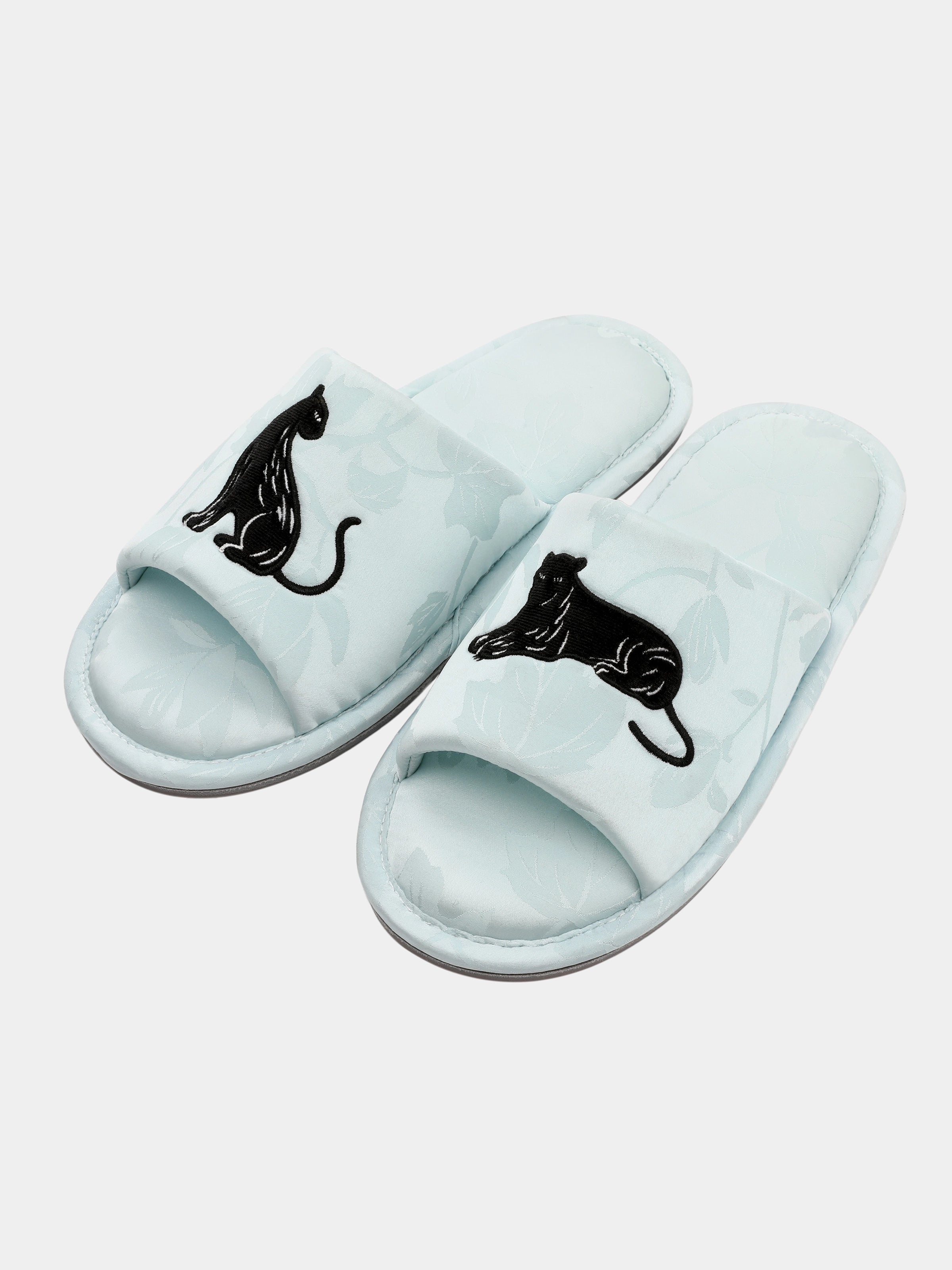 "Urban Jungle" Black Panther Jacquard Open-Toe Slippers – Mist Blue