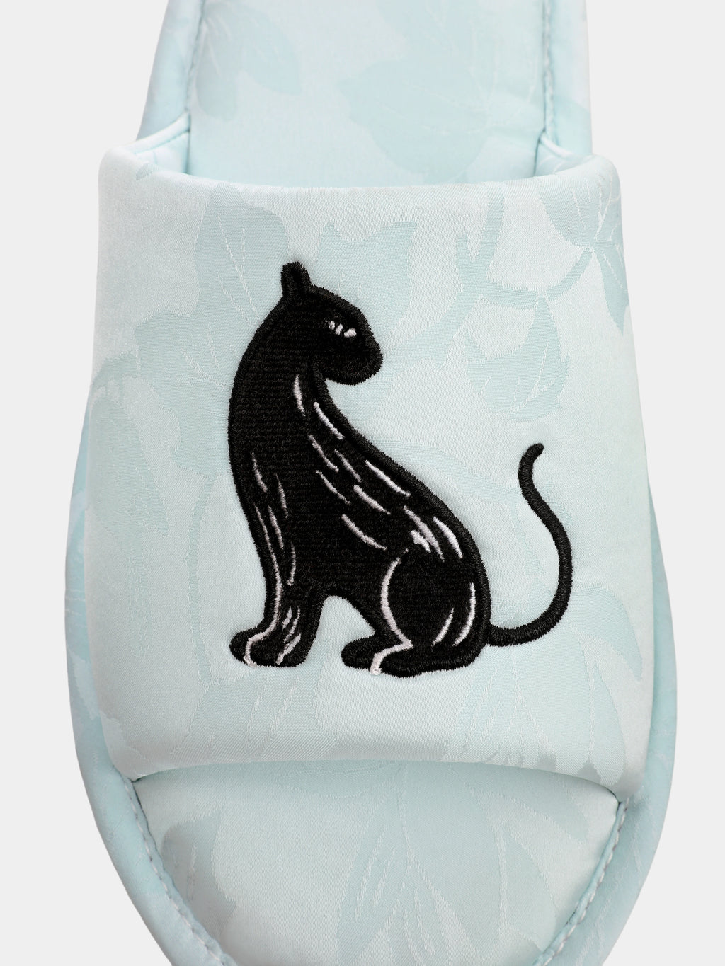 "Urban Jungle" Black Panther Jacquard Open-Toe Slippers – Mist Blue