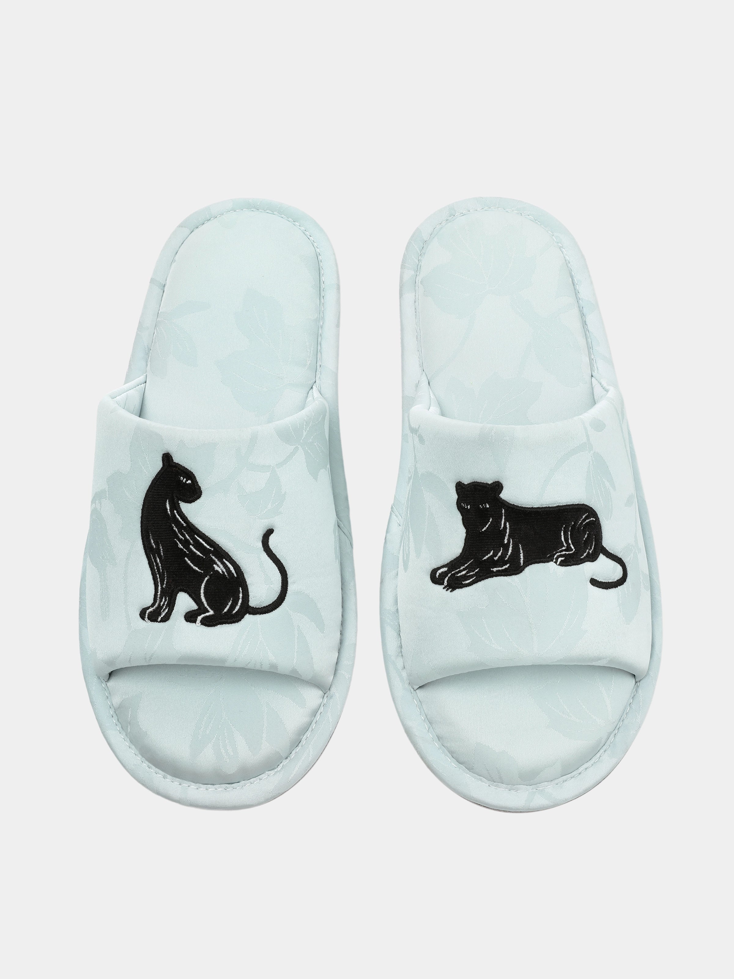"Urban Jungle" Black Panther Jacquard Open-Toe Slippers – Mist Blue