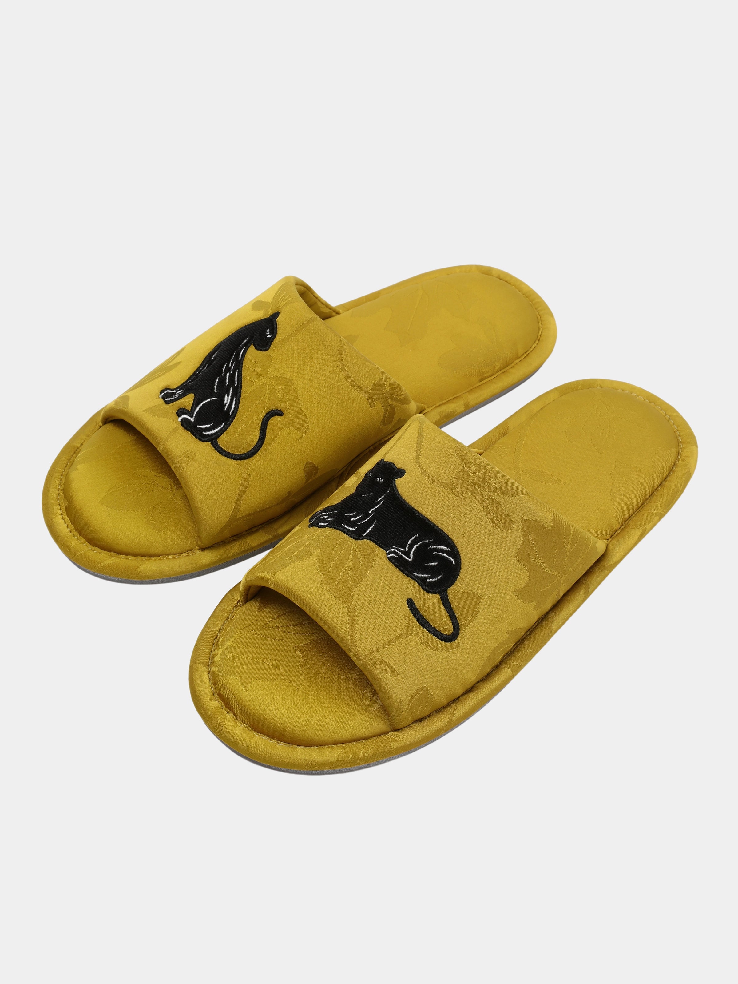"Urban Jungle" Black Panther Jacquard Open-Toe Slippers – Dark Gold