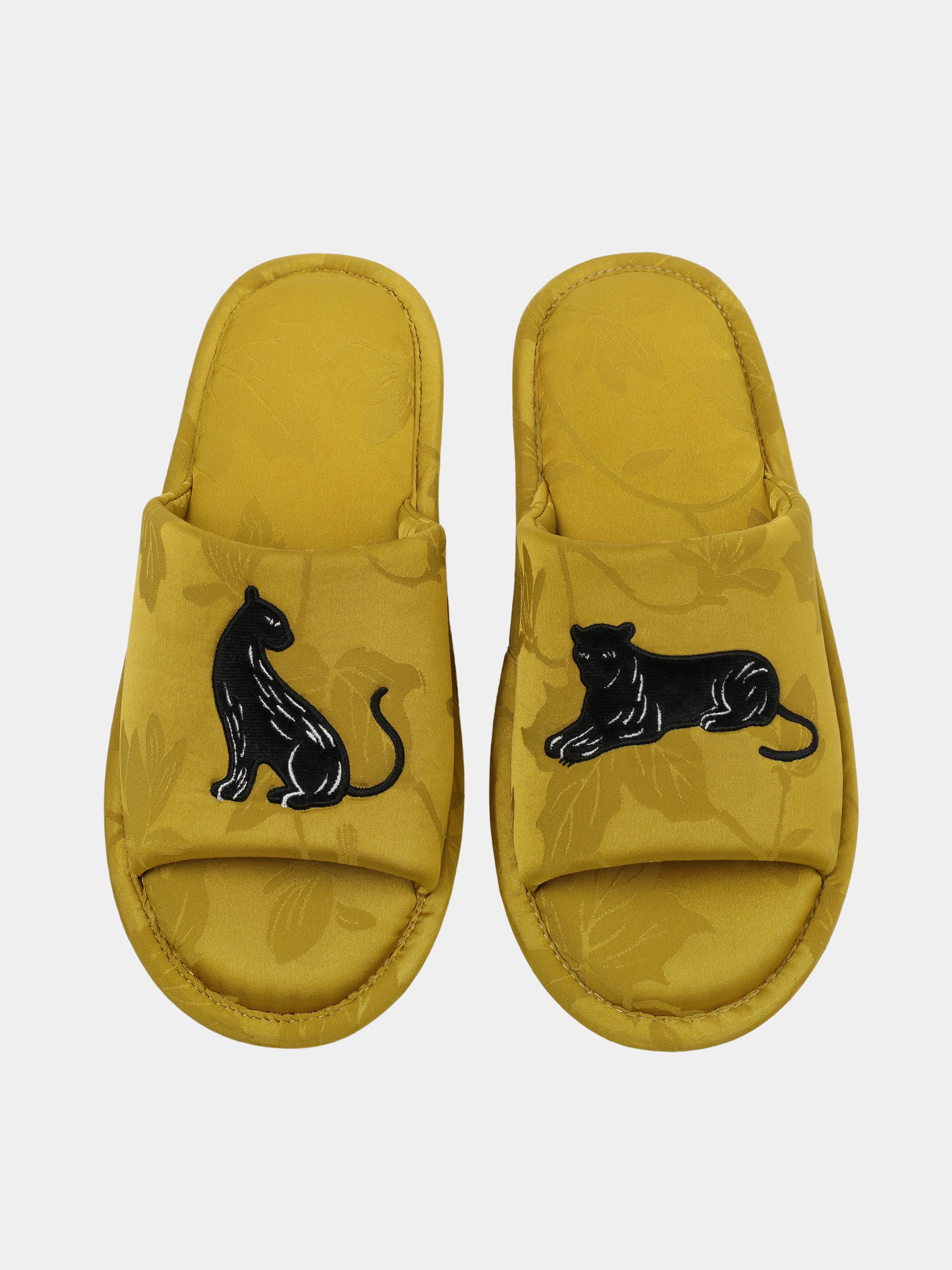 "Urban Jungle" Black Panther Jacquard Open-Toe Slippers – Dark Gold