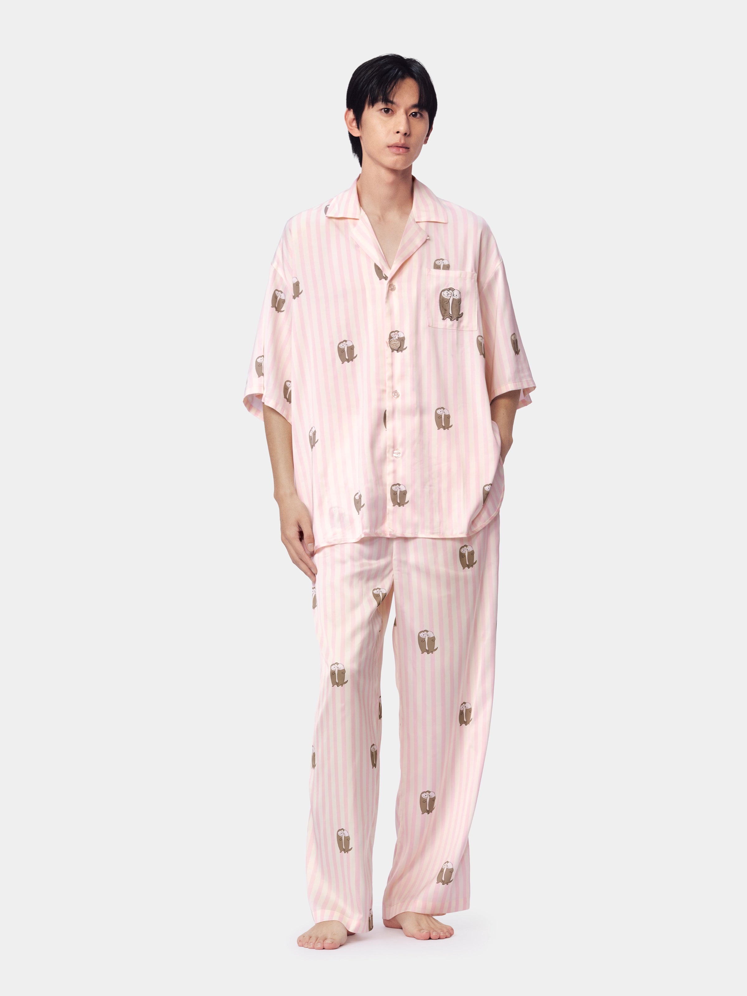 "Urban Jungle" Satin Loungewear Set Short Sleeve & Pants – Pink and White Stripes