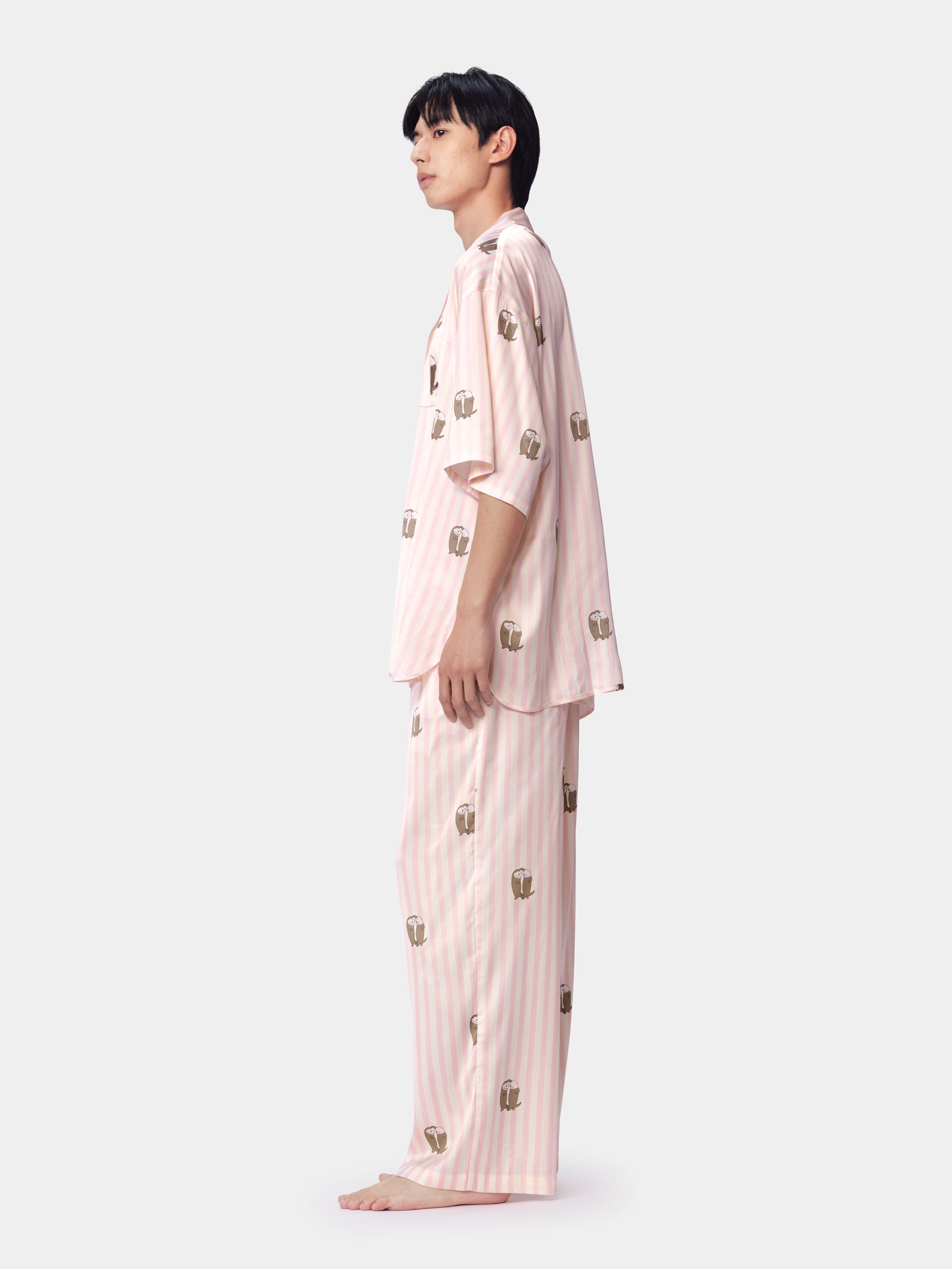"Urban Jungle" Satin Loungewear Set Short Sleeve & Pants – Pink and White Stripes