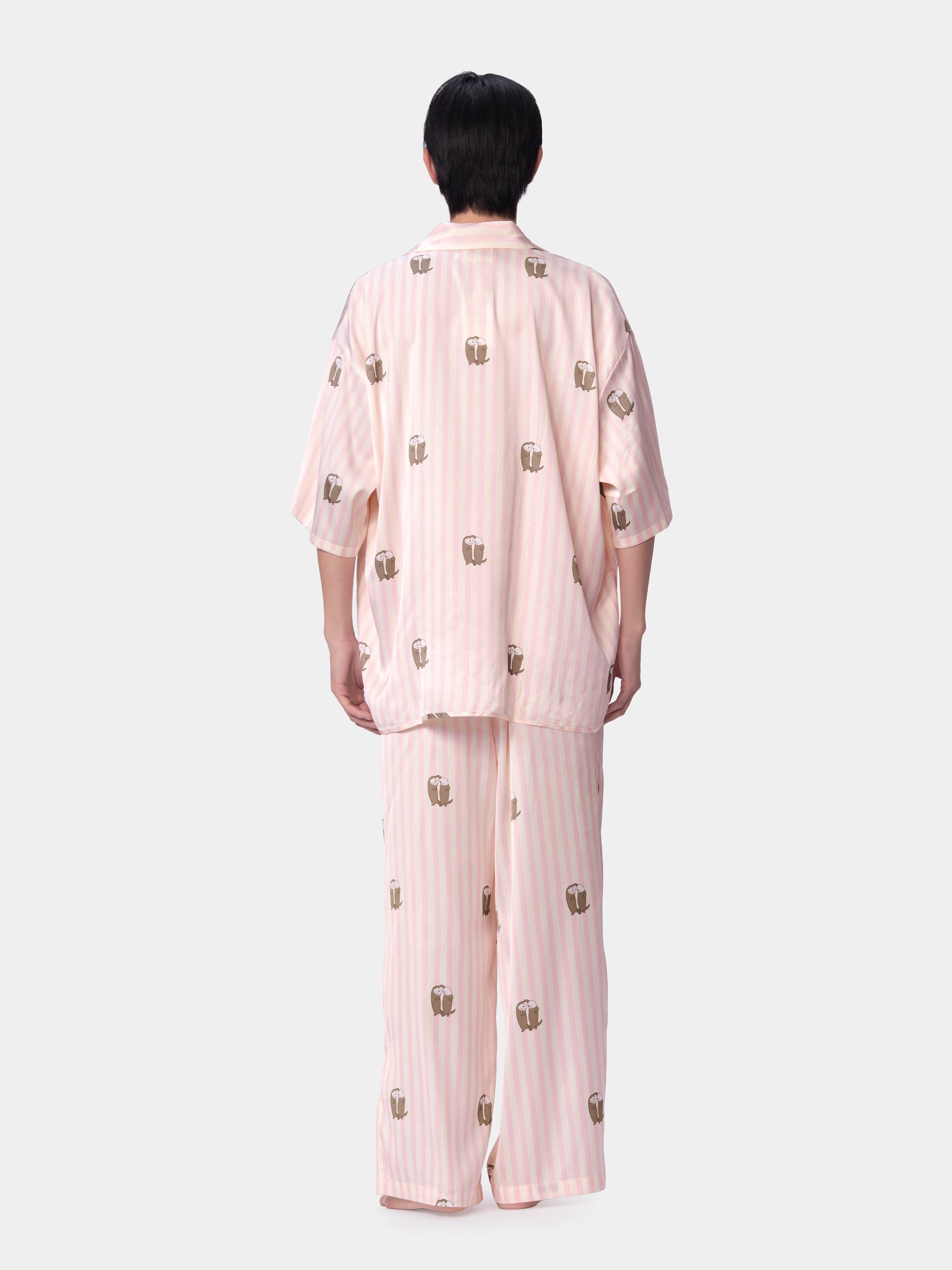 "Urban Jungle" Satin Loungewear Set Short Sleeve & Pants – Pink and White Stripes