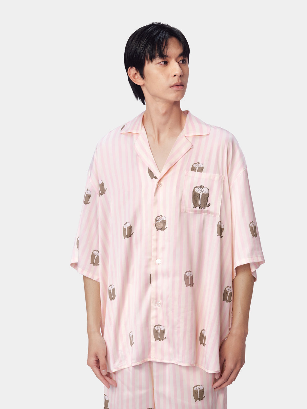 "Urban Jungle" Satin Loungewear Set Short Sleeve & Pants – Pink and White Stripes