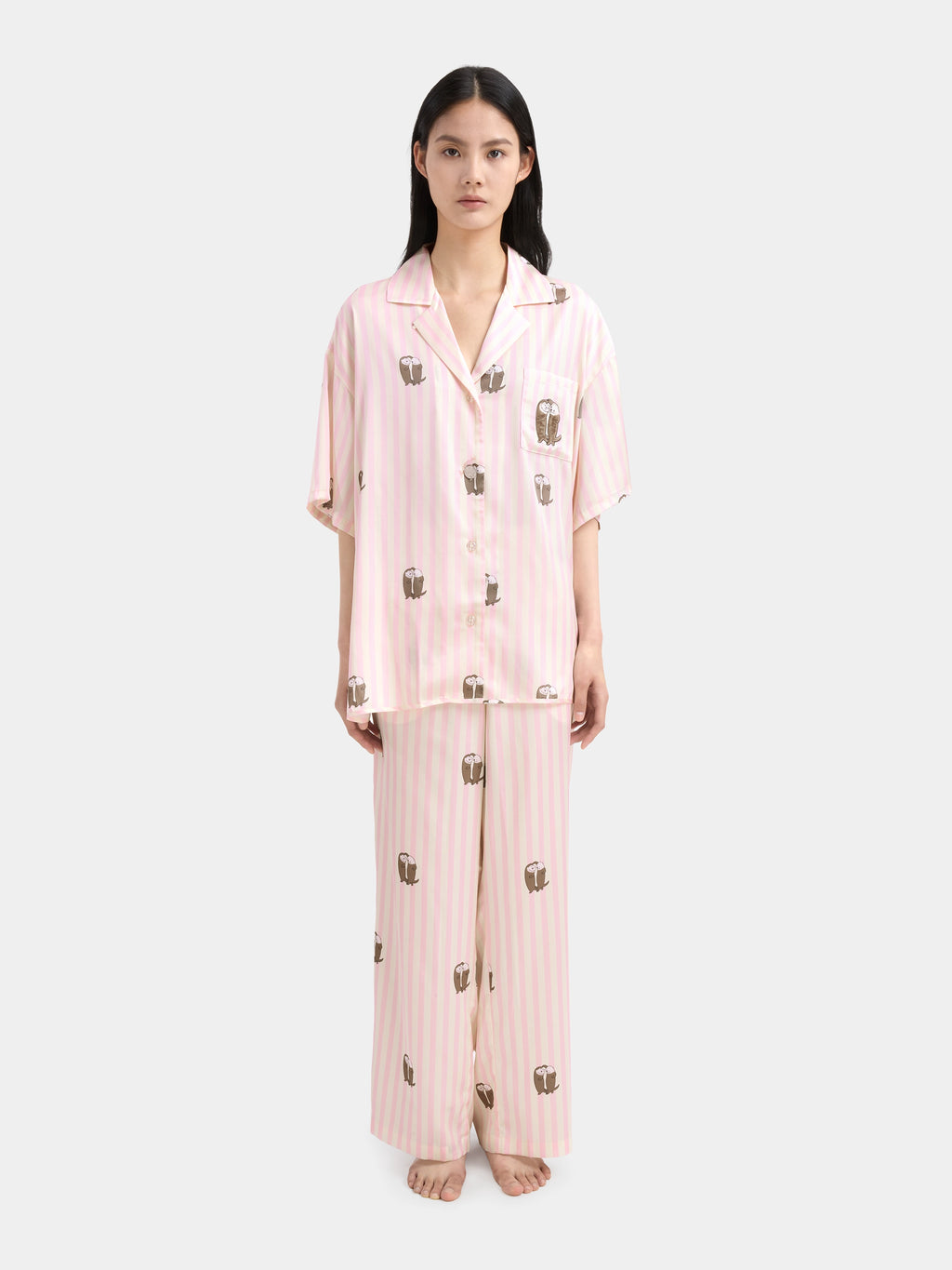 "Urban Jungle" Satin Loungewear Set Short Sleeve & Pants – Pink and White Stripes