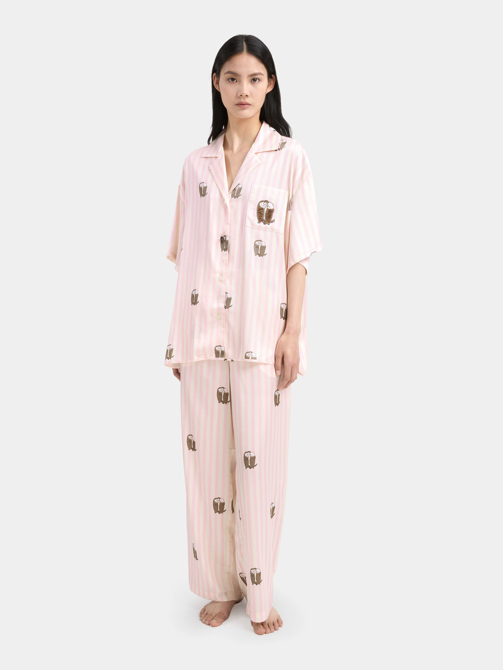 "Urban Jungle" Satin Loungewear Set Short Sleeve & Pants – Pink and White Stripes