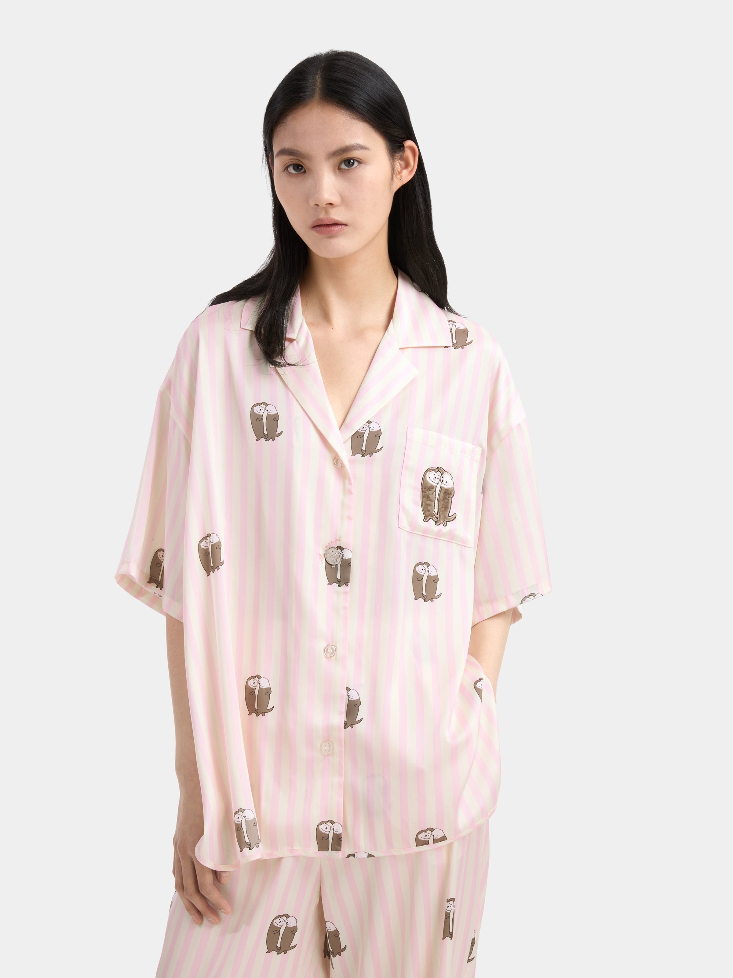 "Urban Jungle" Satin Loungewear Set Short Sleeve & Pants – Pink and White Stripes