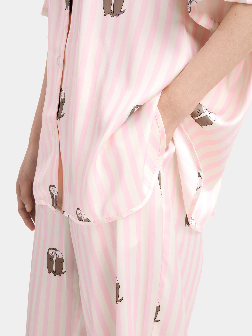 "Urban Jungle" Satin Loungewear Set Short Sleeve & Pants – Pink and White Stripes