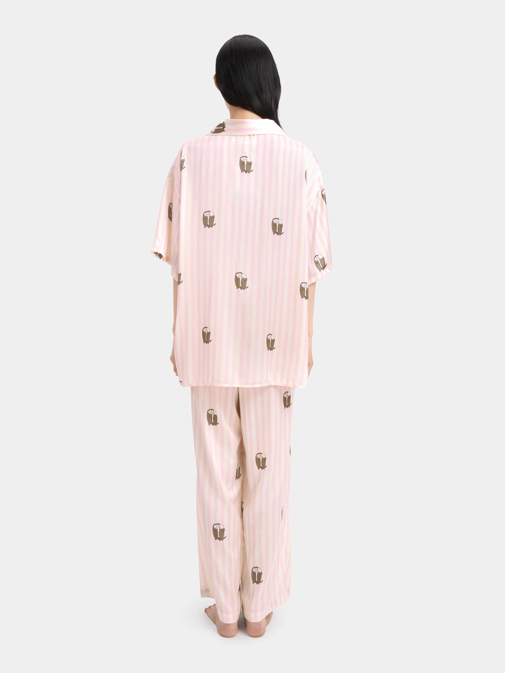 "Urban Jungle" Satin Loungewear Set Short Sleeve & Pants – Pink and White Stripes