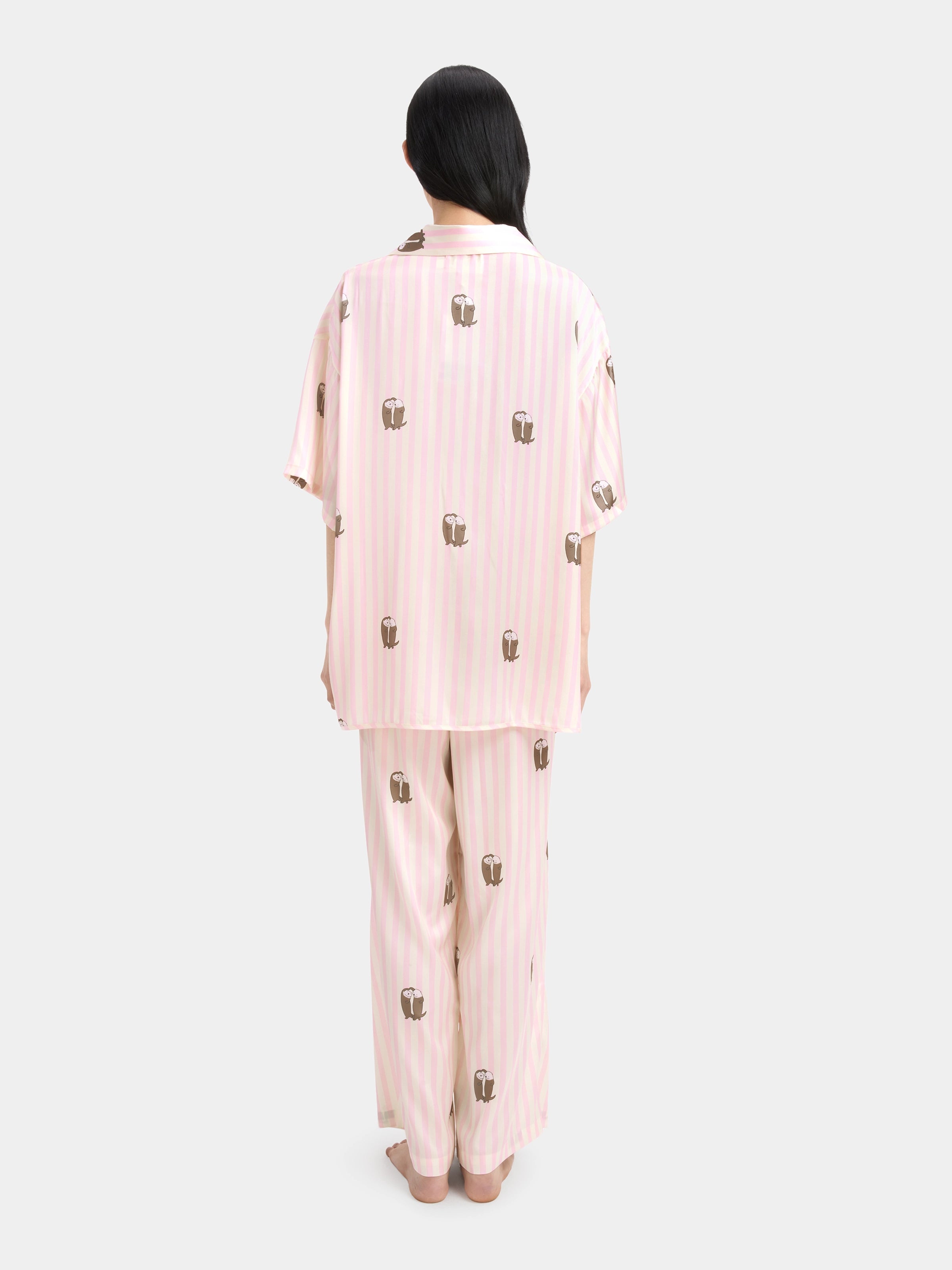 "Urban Jungle" Satin Loungewear Set Short Sleeve & Pants – Pink and White Stripes