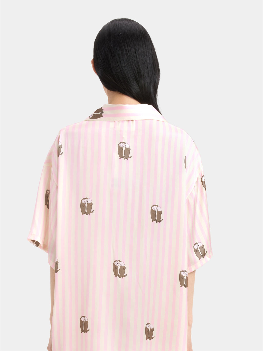 "Urban Jungle" Satin Loungewear Set Short Sleeve & Pants – Pink and White Stripes