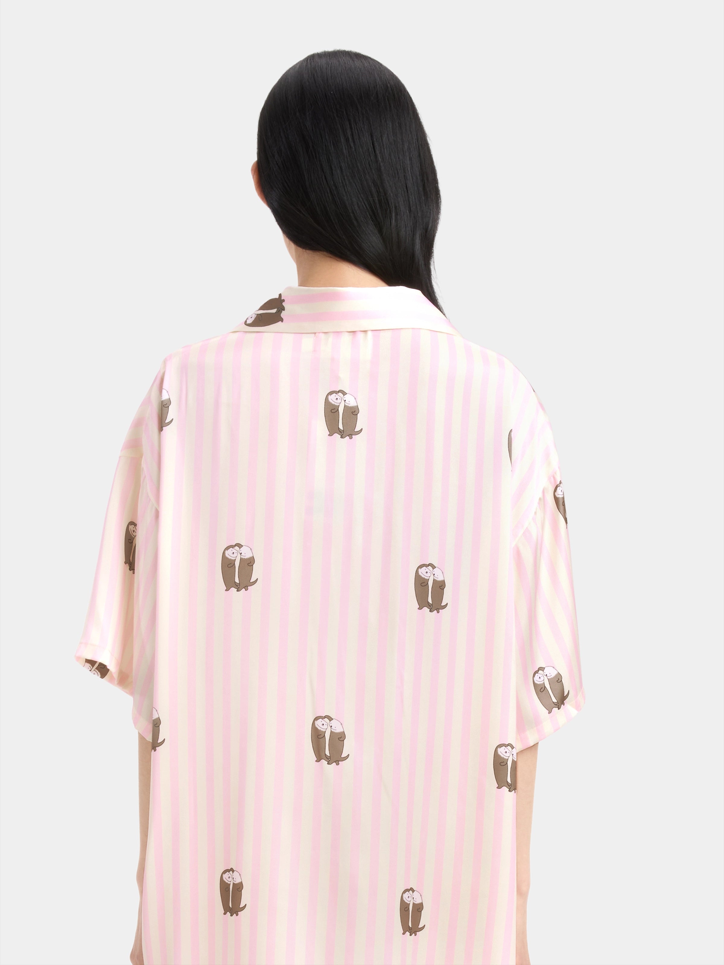 "Urban Jungle" Satin Loungewear Set Short Sleeve & Pants – Pink and White Stripes
