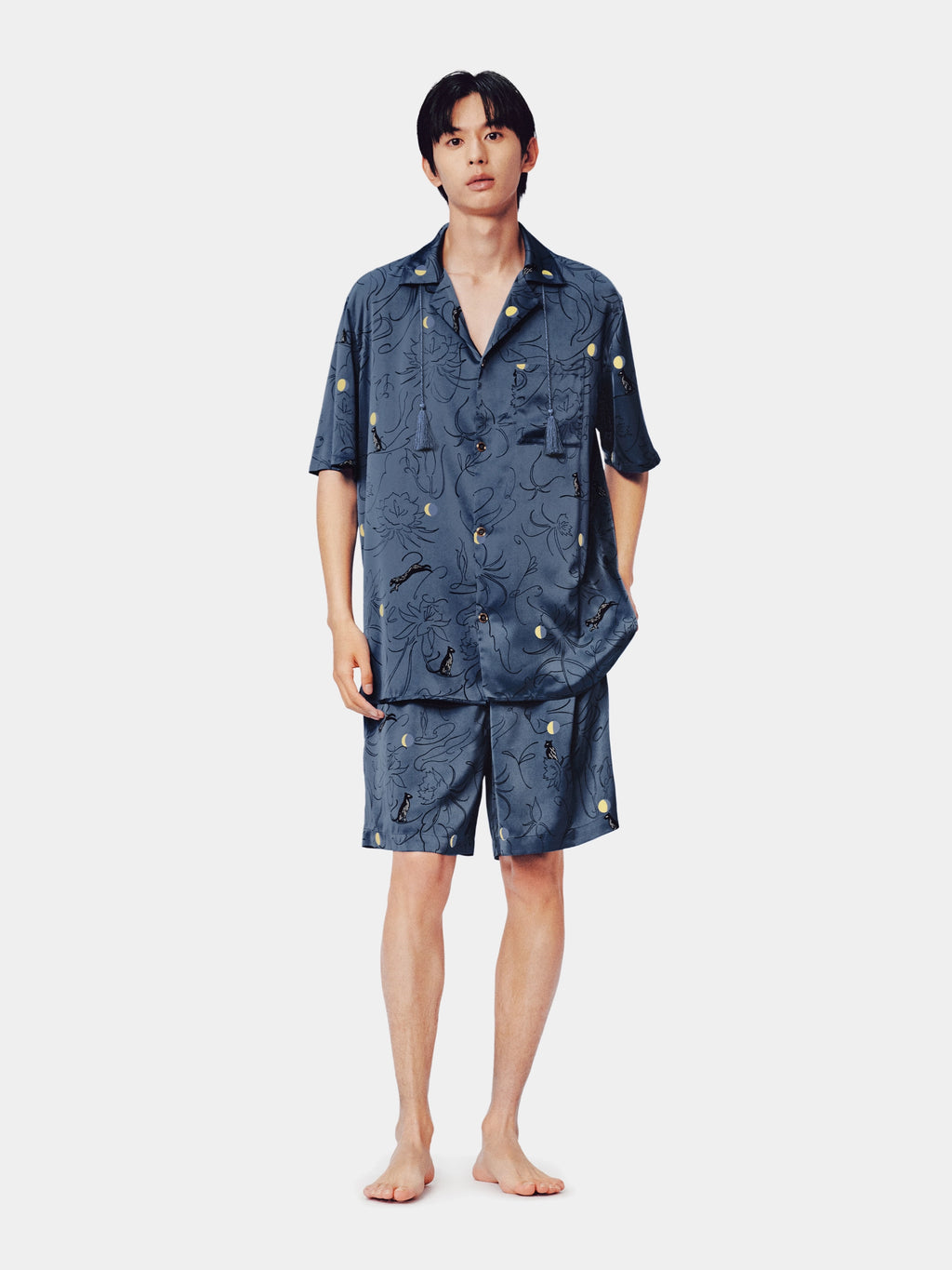 "Urban Jungle" Satin Loungewear Set Short Sleeve – Night Blue