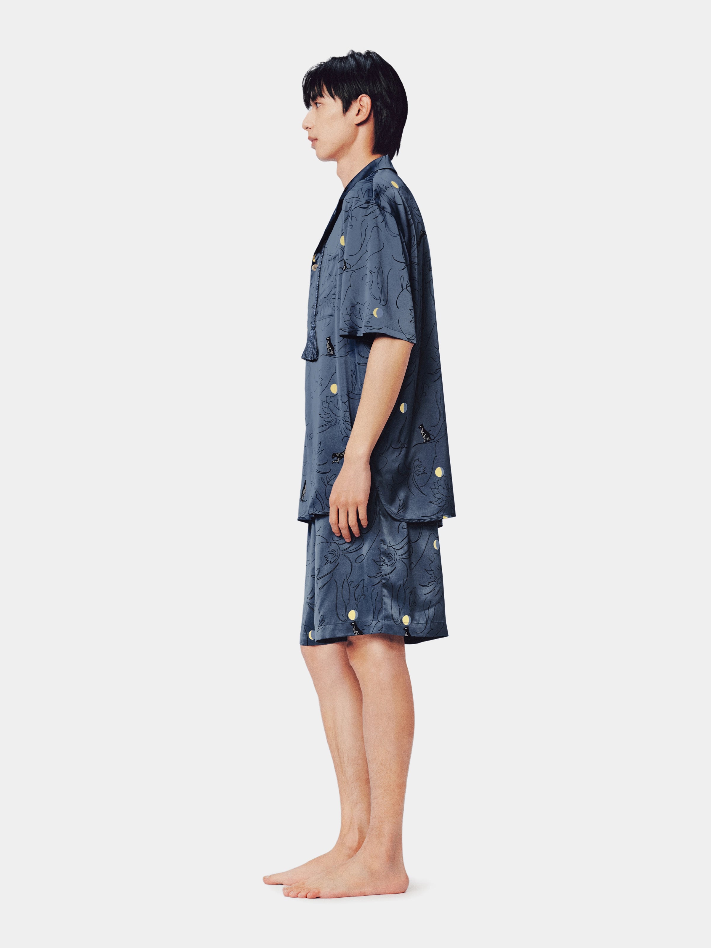 "Urban Jungle" Satin Loungewear Set Short Sleeve – Night Blue