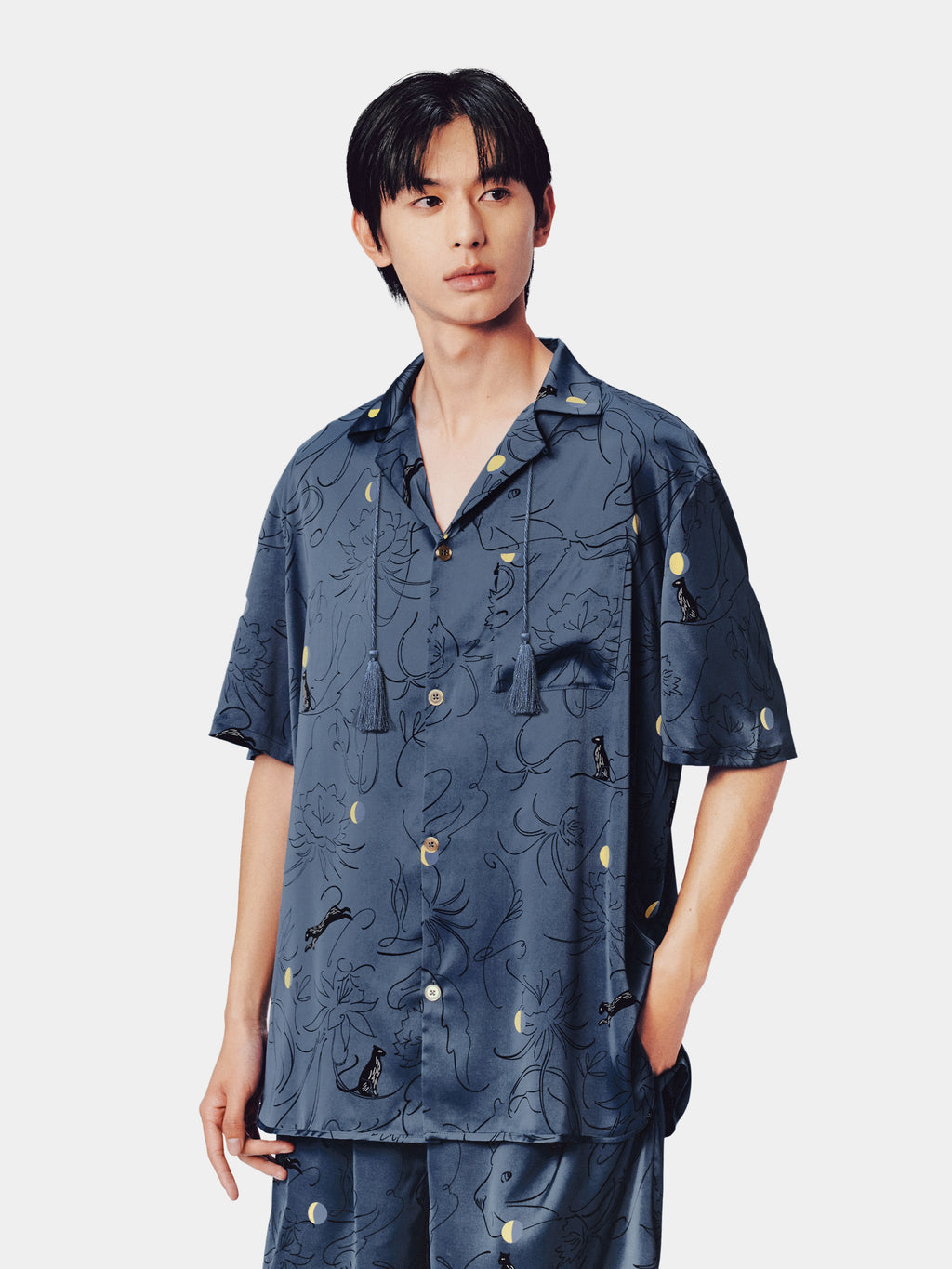"Urban Jungle" Satin Loungewear Set Short Sleeve – Night Blue