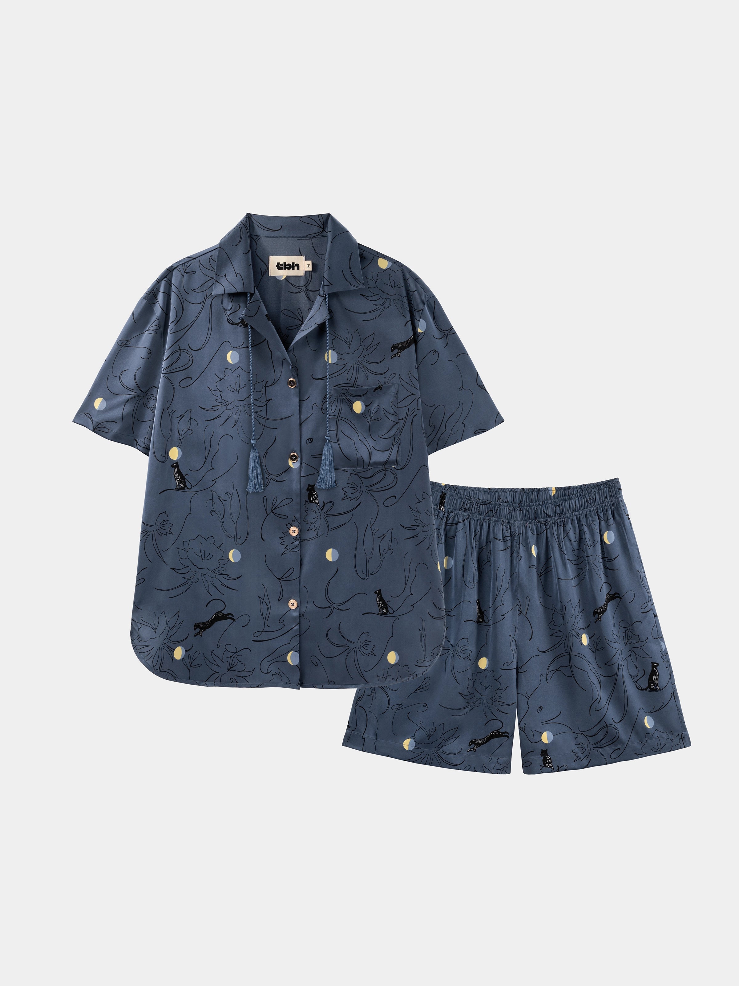 "Urban Jungle" Satin Loungewear Set Short Sleeve – Night Blue