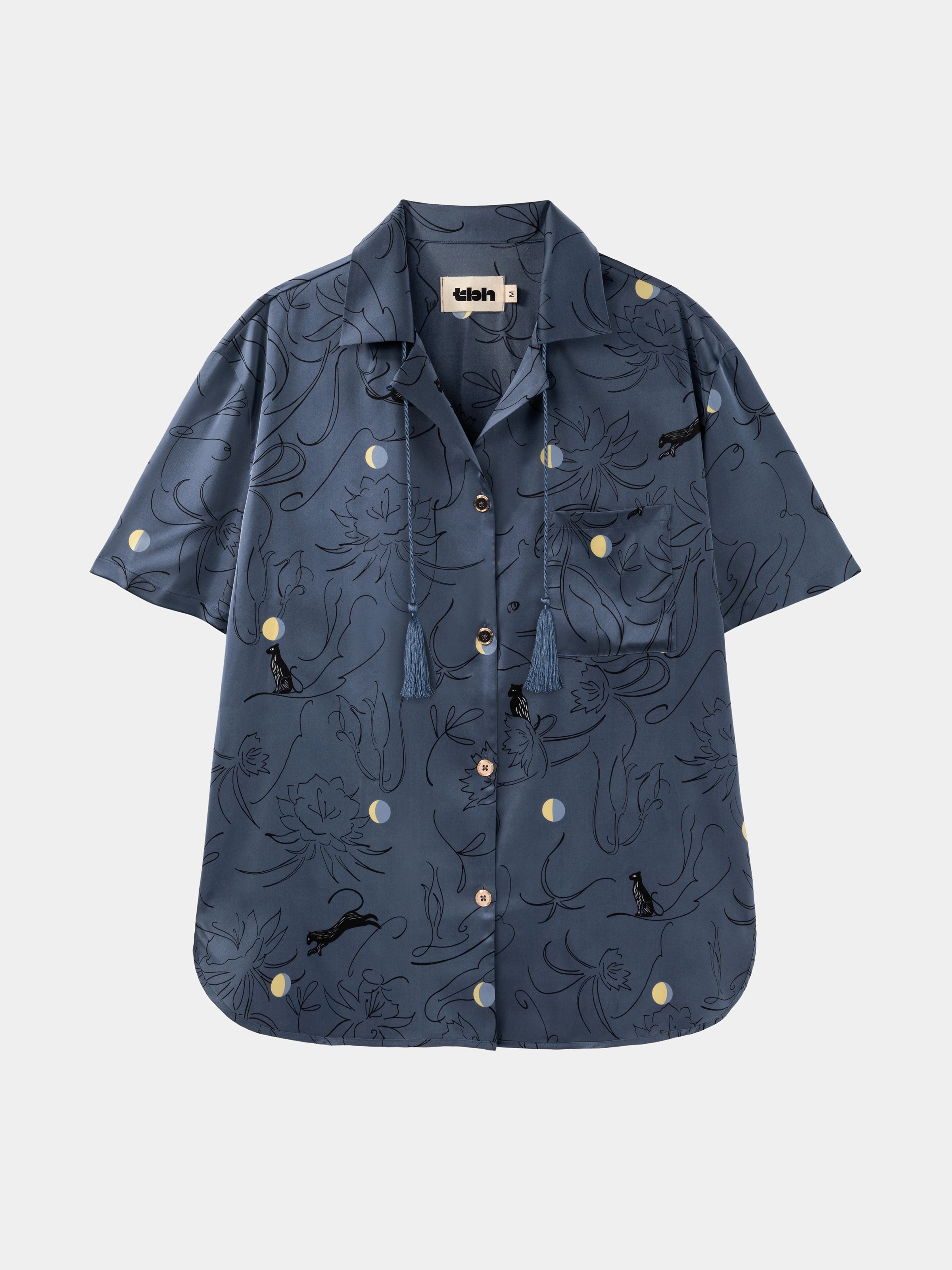 "Urban Jungle" Satin Loungewear Set Short Sleeve – Night Blue