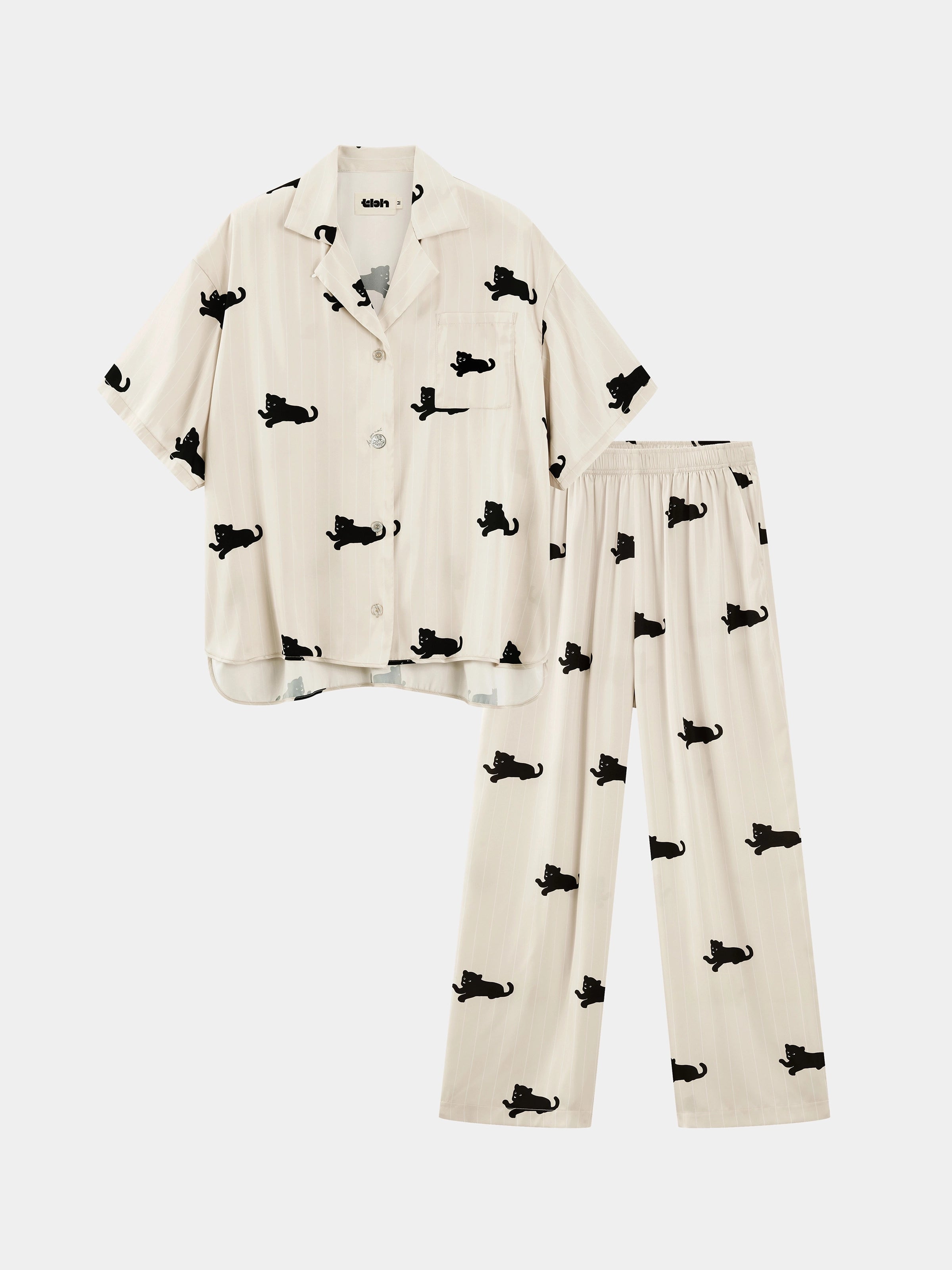 "Urban Jungle" Satin Loungewear Set Short Sleeve & Pants – Camel
