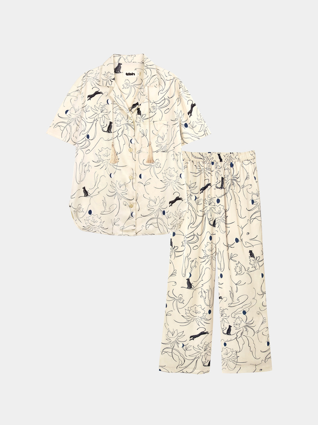 "Urban Jungle" Satin Loungewear Set Short Sleeve & Pants – Dune Gold