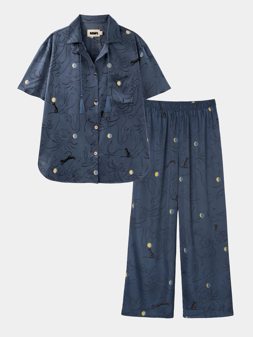 "Urban Jungle" Satin Loungewear Set Short Sleeve & Pants – Night Blue